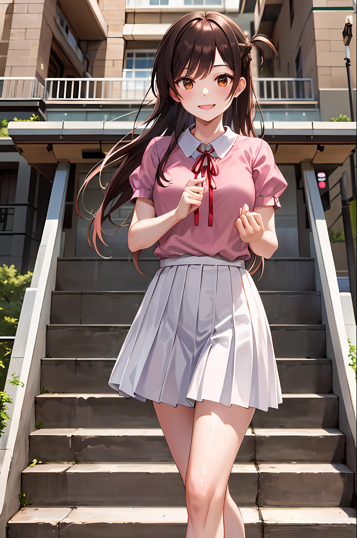 masterpiece, best quality, highres, chi1, 1girl, long hair, braid, one side up, solo, white skirt, red ribbon, pink shirt, pleated skirt, bangs, neck ribbon, puffy short sleeves, cowboy shot, outdoors, smile, stair, tree, building,
