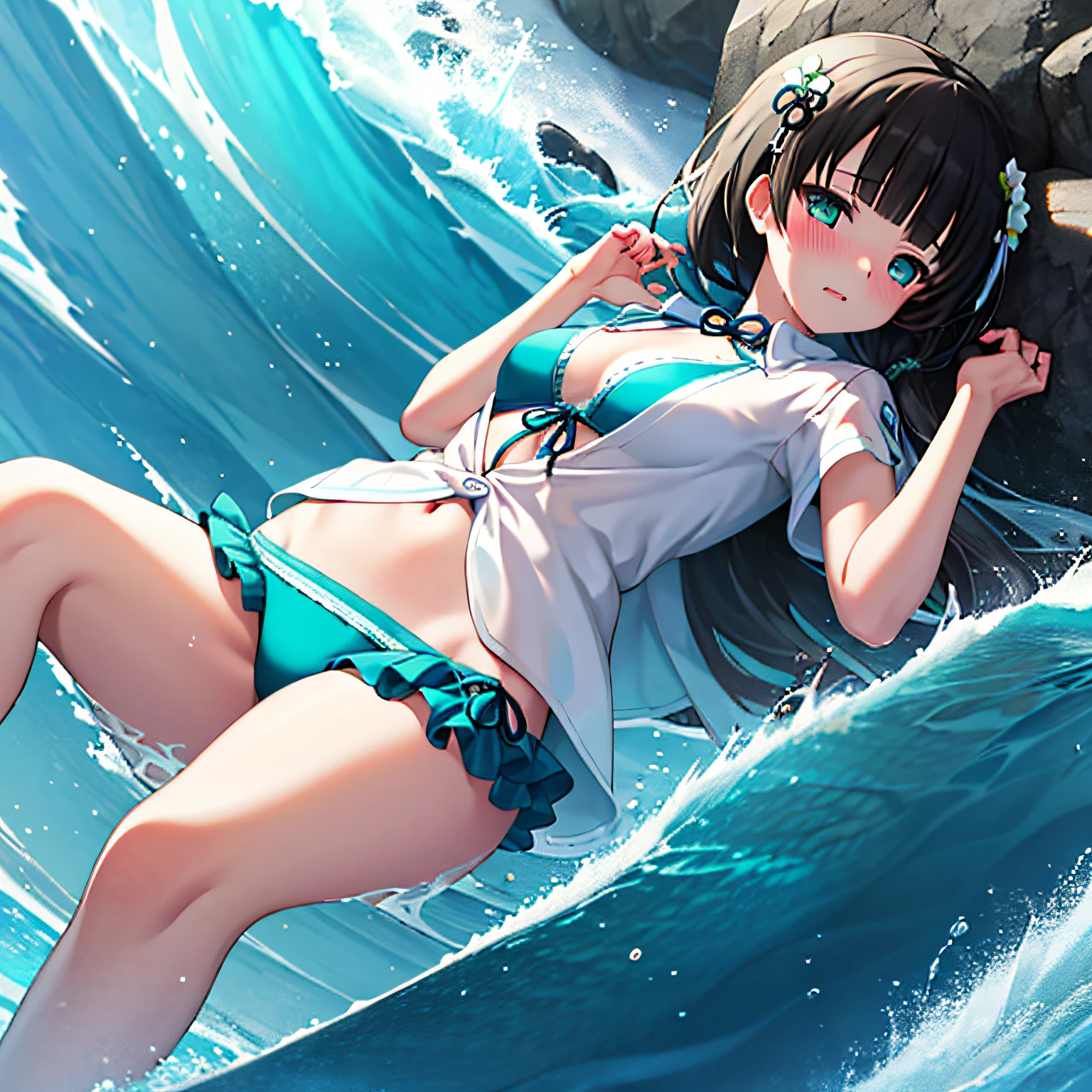 high quality, best quality, masterpiece, absurdres, wang yujia, swimsuit, bikini, 1girl,  teal_eyes, blush, full-face_blush, solo, open_shirt, white_shirt, wet_cloth, medium_chests