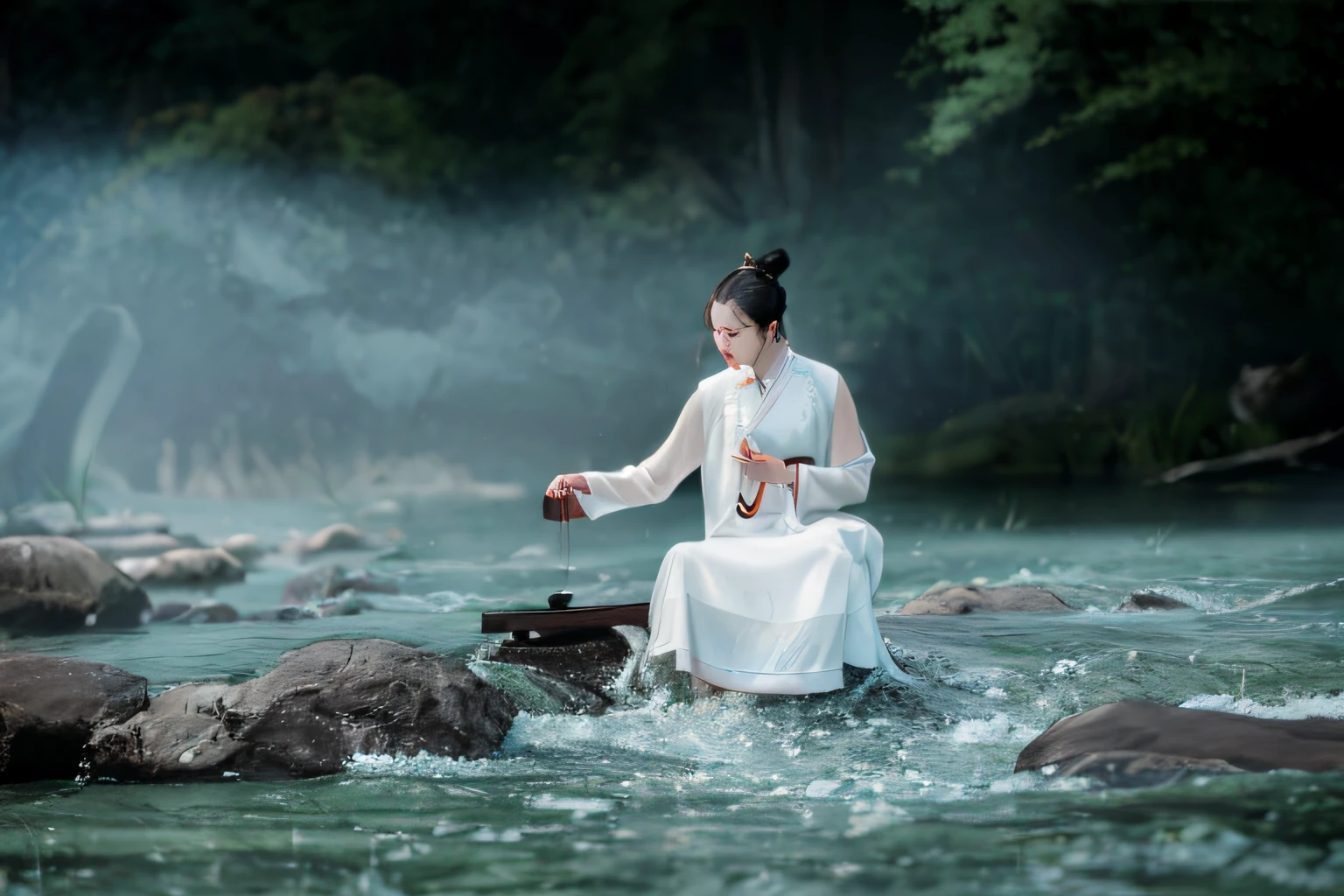 there is a woman sitting on a rock in the water, peacefully drinking river water, white hanfu, hanfu, flowing white robes, she is walking on a river, inspired by Ma Yuan, inspired by Tang Yin, vietnamese woman, ao dai, chinese woman, asian female water elemental, palace , a girl in hanfu, daoist