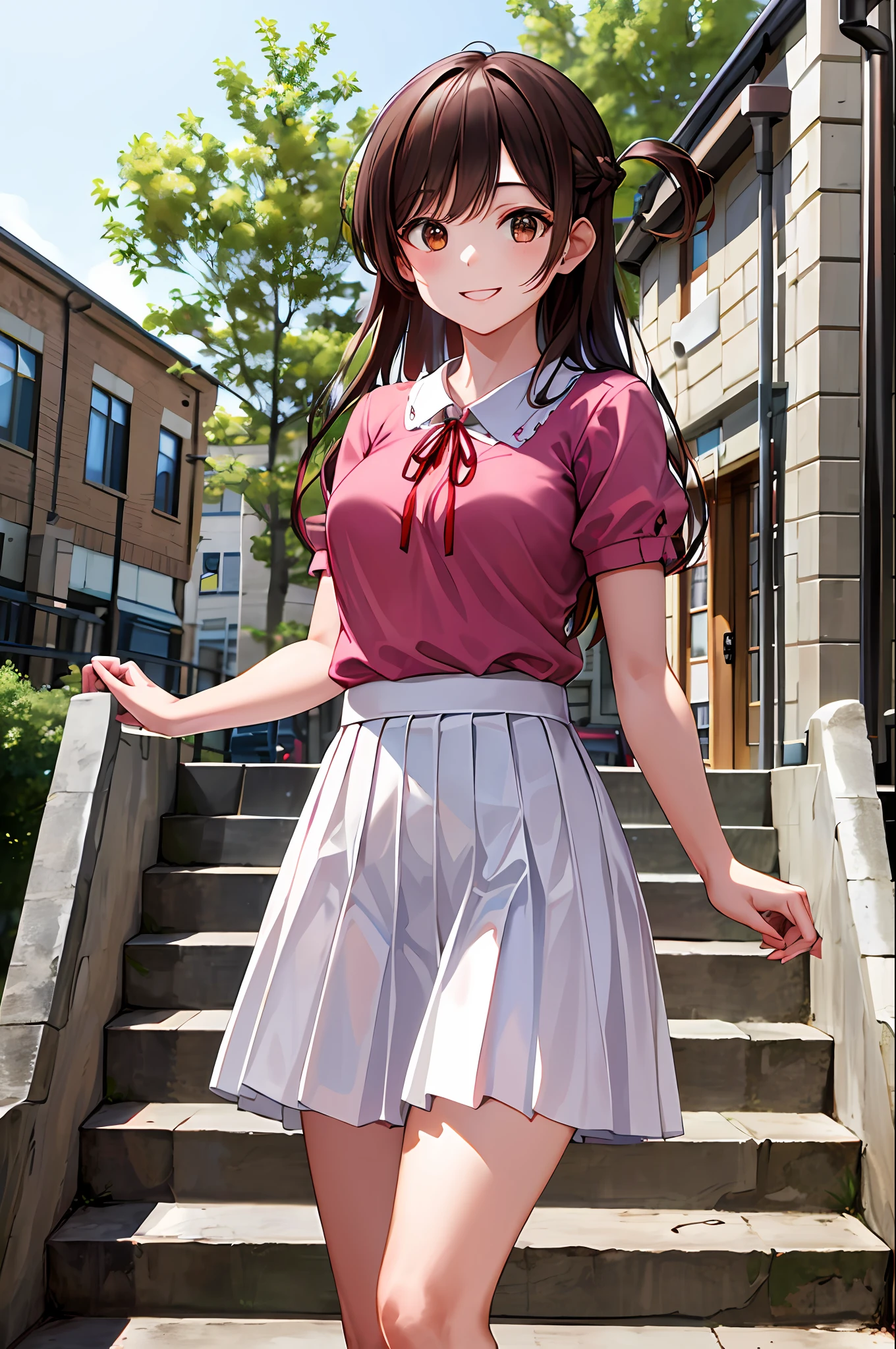 masterpiece, best quality, highres, chi1, 1girl, long hair, braid, one side up, solo, white skirt, red ribbon, pink shirt, pleated skirt, bangs, neck ribbon, puffy short sleeves, cowboy shot, outdoors, smile, stair, tree, building,