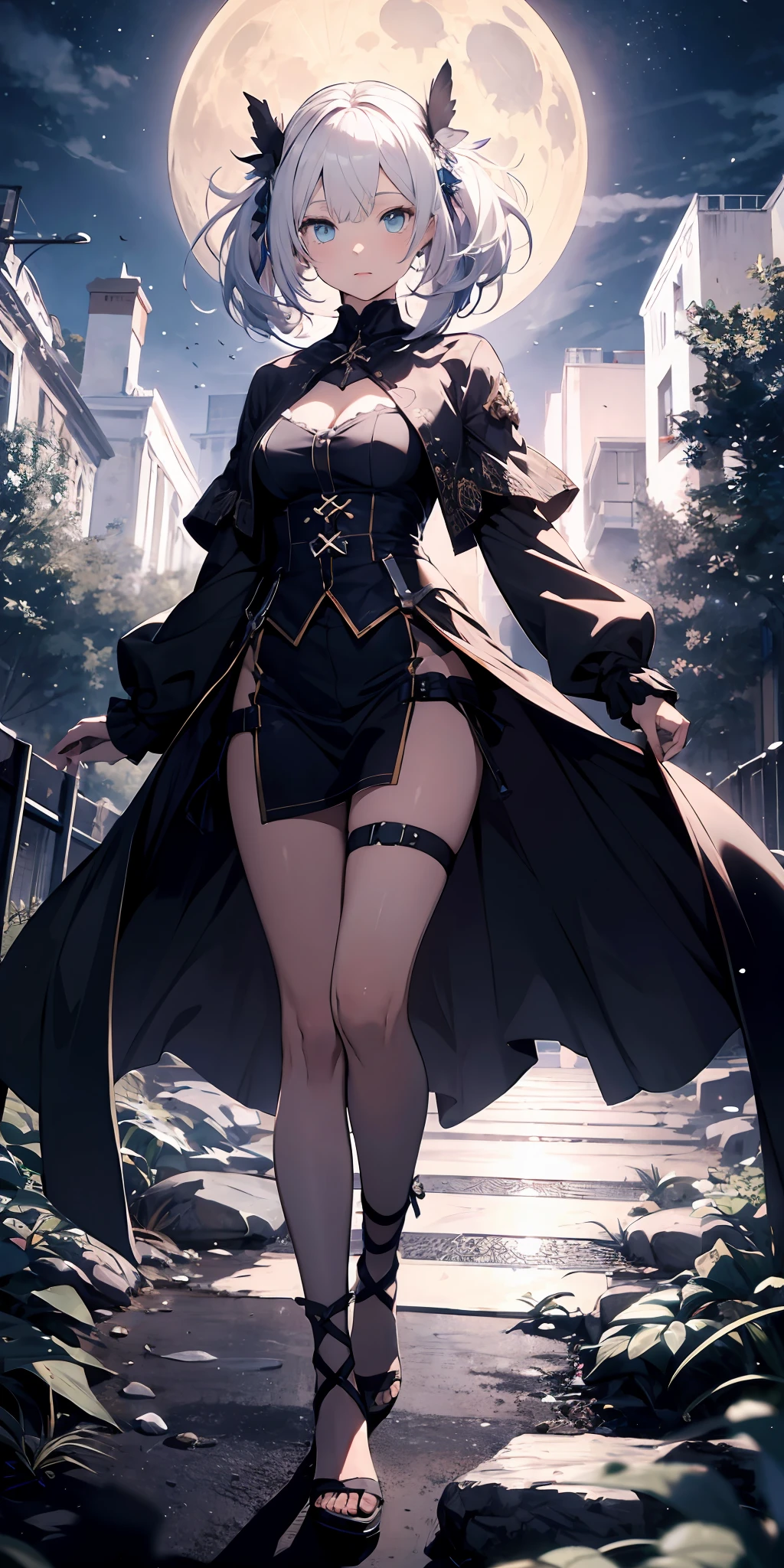 absurd res, high res, (masterpiece:1.4), ultra-detailed, 1girl, moon, white hair,blue eyes,perfect face, full body,