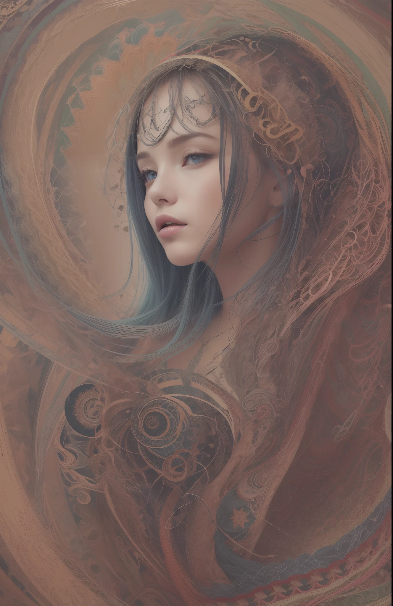 official art, unity 8k wallpaper, ultra detailed, beautiful and aesthetic, masterpiece, best quality, (zentangle, mandala, tangle, entangle), (fractal art:1.3) , 1girl, extremely detailed, dynamic angle, cowboyshot, the most beautiful form of chaos, elegant, a brutalist designed, vivid colours, romanticism, , atmospheric, ecstasy of musical notes, streaming musical notes visible