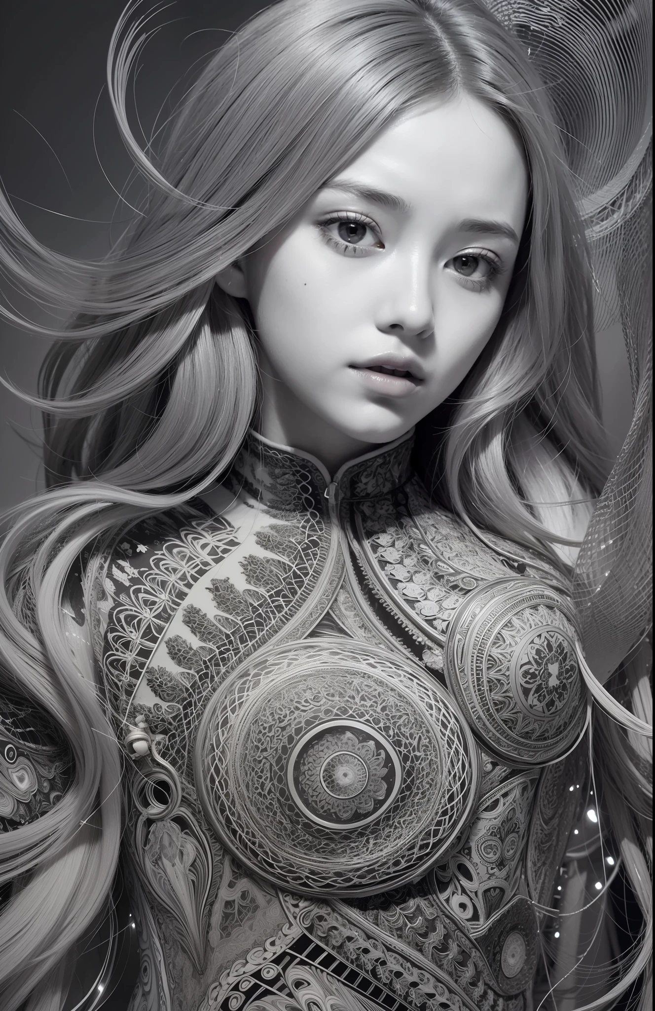 official art, unity 8k wallpaper, ultra detailed, beautiful and aesthetic, masterpiece, best quality, (zentangle, mandala, tangle, entangle), (fractal art:1.3) , 1girl, extremely detailed, dynamic angle, cowboyshot, the most beautiful form of chaos, elegant, a brutalist designed, vivid colours, romanticism, , atmospheric, ecstasy of musical notes, streaming musical notes visible