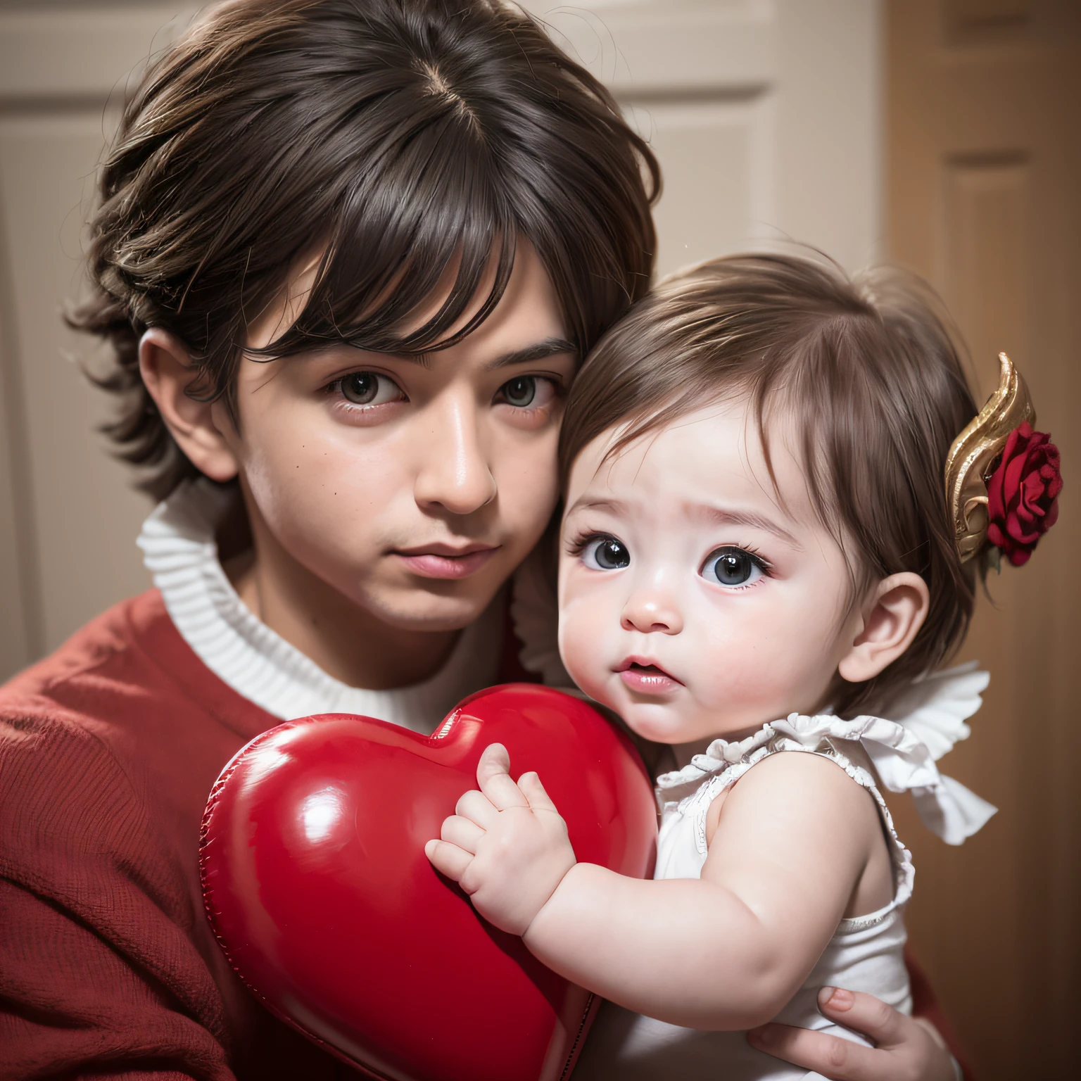 Cute  cupid hugging a red stuffed heart. Digital painting, artstation, concept art, soft focus, sharp, illustration.