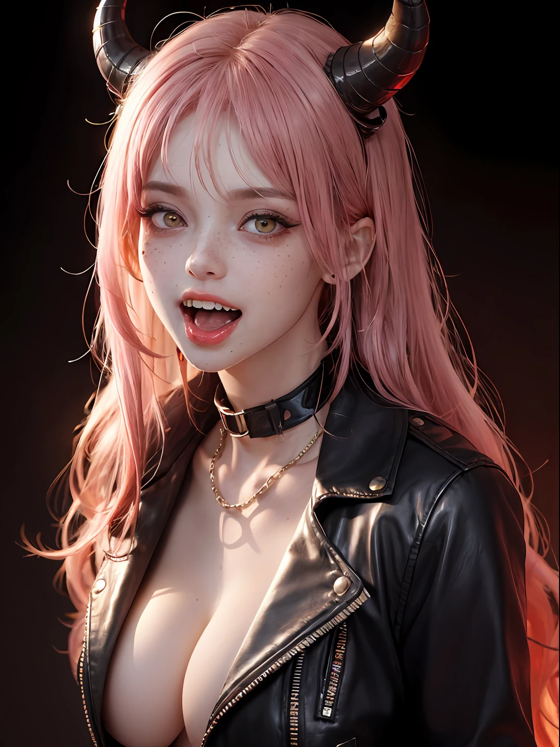 (insanely detailed, beautiful detailed face, masterpiece, best quality), pink hair, ultra detailed beautiful eyes, very long hair, looking at the viewer, giant tits, busty, glowing eyes, freckles, (red infernal background), beautiful detailed glow, a lot of glow, dominant personality, hyper-realistic, perfect hand, 1-demon solo, (masterpiece, extremely_detailed_CG, 8k_wallpaper:1.2) backlight, shadow, chain leash, chained, wearing spiked collar, open leather jacket in the upper body, showing boobs, demonic multitude of lights and glows, focus on tits, nsfw, naked, freckles, yellow eyes, drooling, yellow eyes, sharp teeth, open mouth, red horns, tongue, licking, saliva, fangs, tongue out,