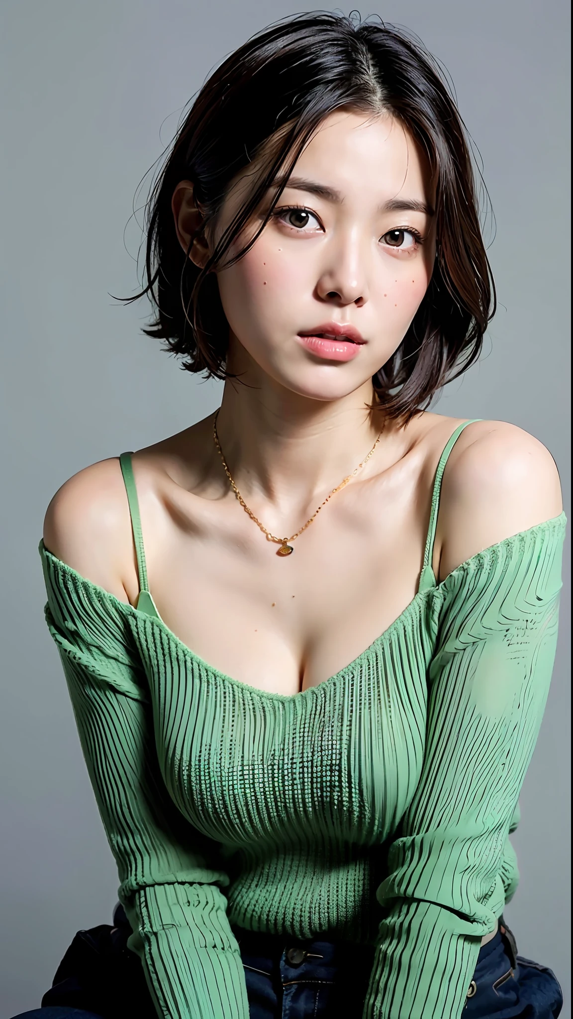 (Best quality, 8k, 32k, Masterpiece, UHD:1.2),Photo of Pretty Japanese woman, large breasts, very short bob hair,upper body,face focus,(oversized_sweater,:1.1) necklace, simple background, looking at viewer, leaning forward,