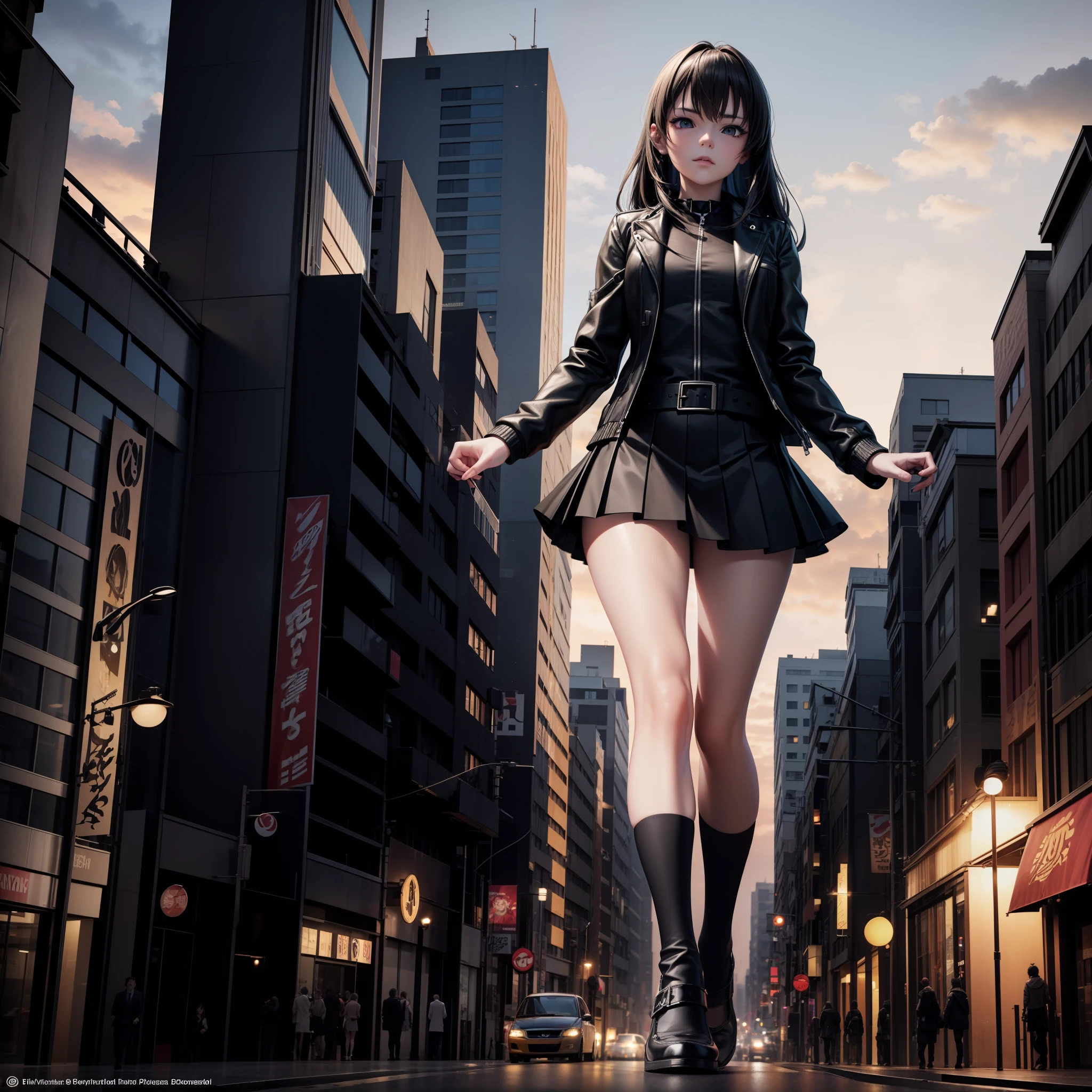 anime girl in a short skirt and black jacket walking down a city street, giantess art, highly detailed giantess shot, giantess, extremely detailed giantess shot, giantess shot, 2. 5 d cgi anime fantasy artwork, realistic anime 3 d style, stylized urban fantasy artwork, high detailed official artwork, photorealistic anime girl render