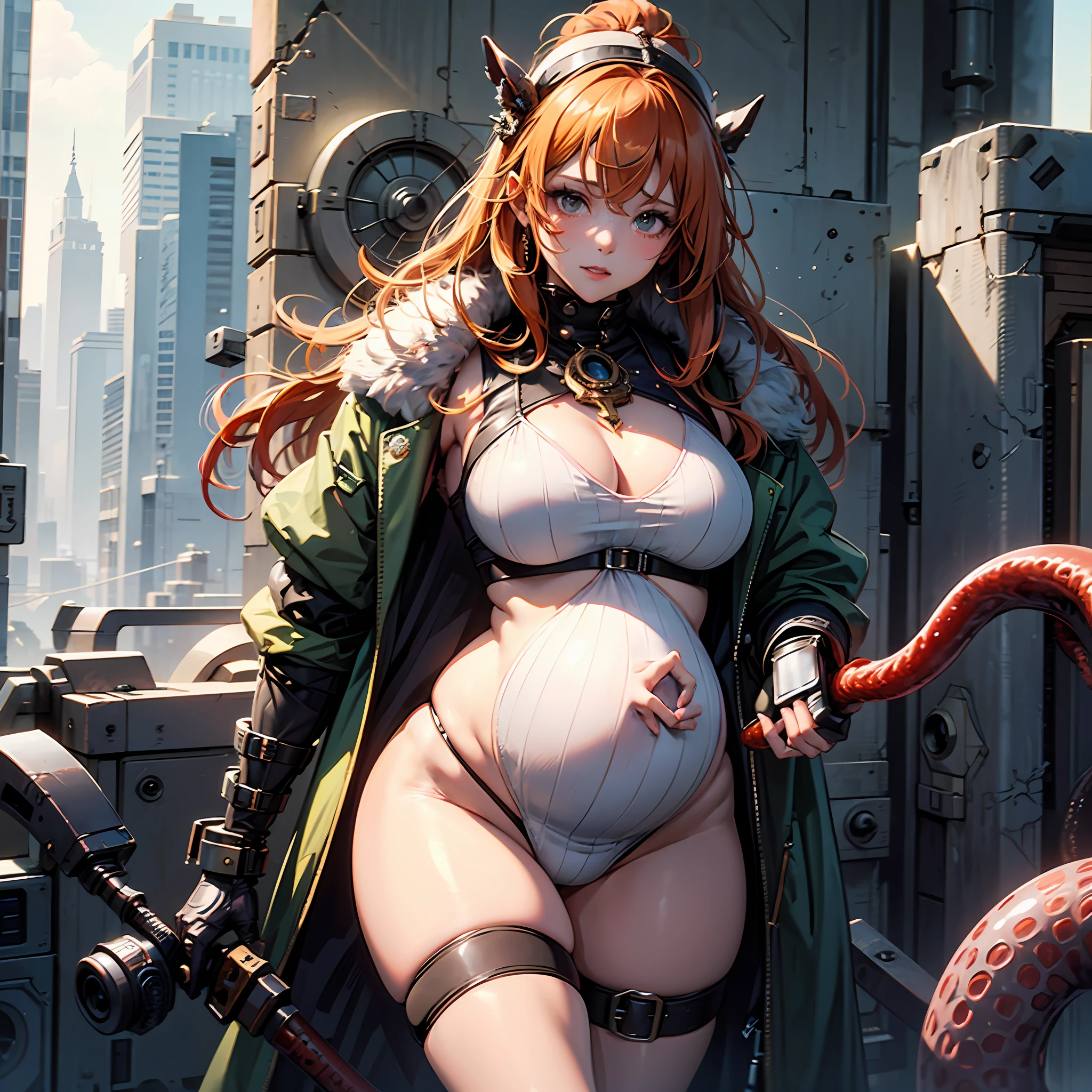 A tentacle man holding four breasts behind his back tentacle girl, slime, goddess, royal sister, parasitic devouring, nausea, blushing shy, big breasts, pregnant belly, tall giantess, giantess standing by the city tall buildings --auto