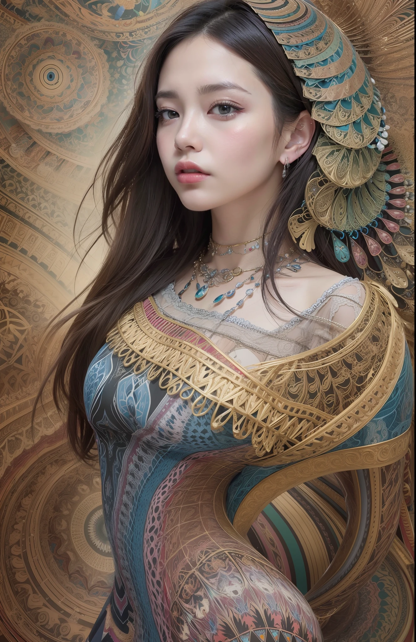 official art, unity 8k wallpaper, ultra detailed, beautiful and aesthetic, masterpiece, best quality, (zentangle, mandala, tangle, entangle), (fractal art:1.3) , 1girl, extremely detailed, dynamic angle, cowboyshot, the most beautiful form of chaos, elegant, a brutalist designed, vivid colours, romanticism, , atmospheric, ecstasy of musical notes, streaming musical notes visible