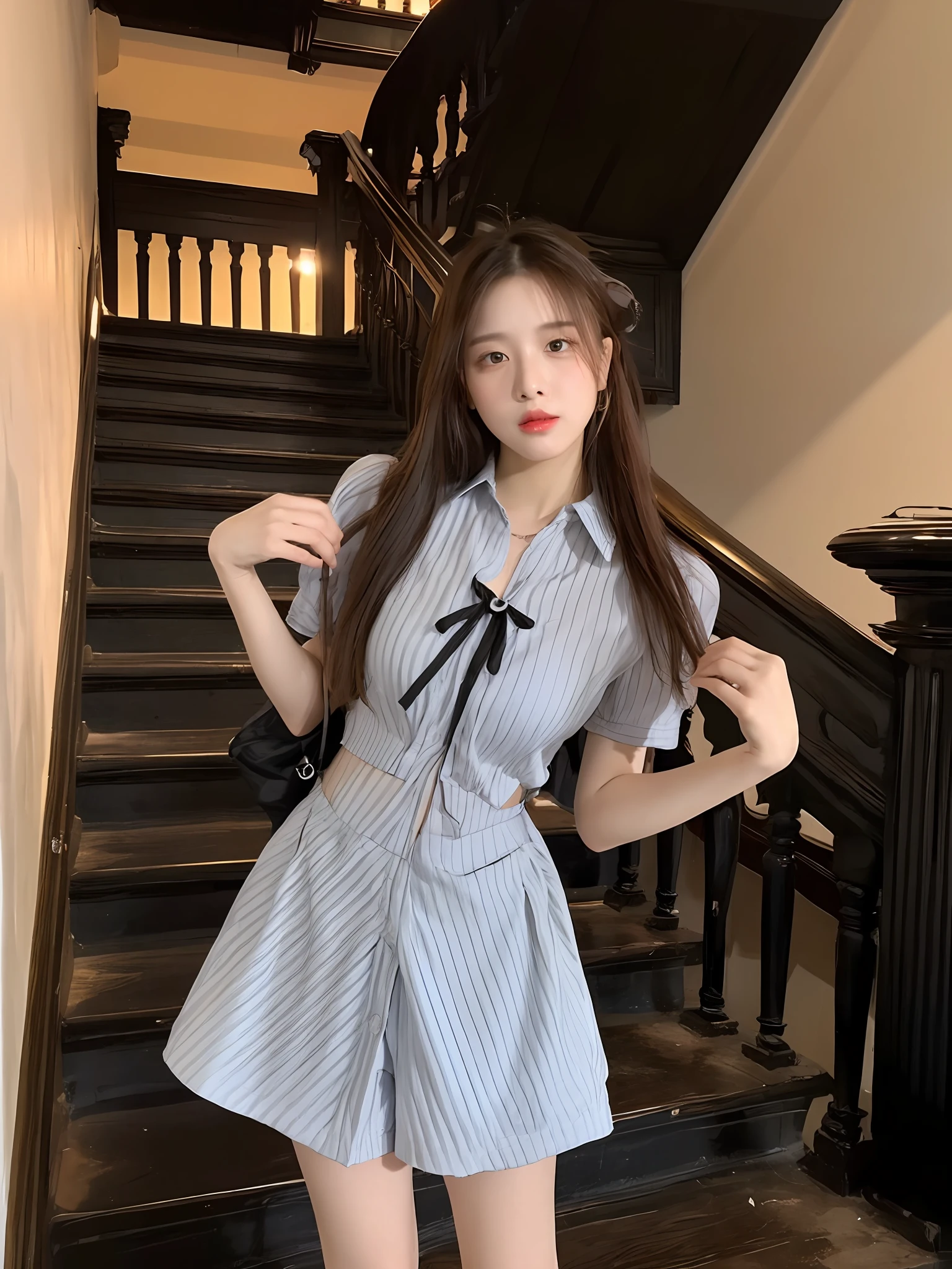 ((Best Quality, 8K, Masterpiece: 1.3)), (Flower Cap: 1.3), Focus: 1.2, Perfect Body Beauty: 1.4, Buttocks: 1.2, (Layered Haircut: 1.2)), (Dark Street: 1.3), Highly detailed face and skin texture, Full body, Fine eyes, Double eyelids, Whitened skin, Long hair, (Round face: 1.5), (Loose crop top, Shorts: 1.6) cleavage protruding pleated skirt Big breasts leaking long legs