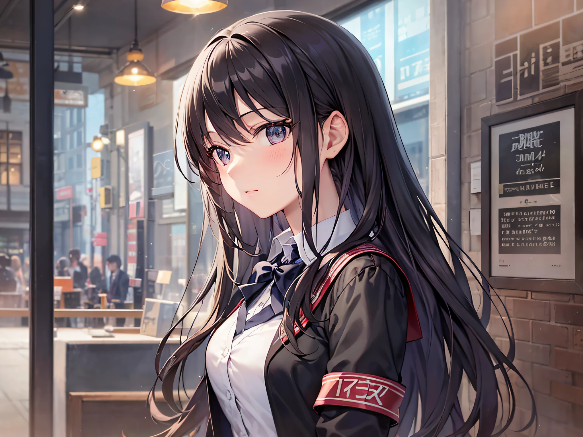 Anime high school girl, uniform, café, perfect black hair girl, flowing hair, smooth art CG, top quality, super high definition, 16K, profile, delicate eyes, intricate details, absurdity
