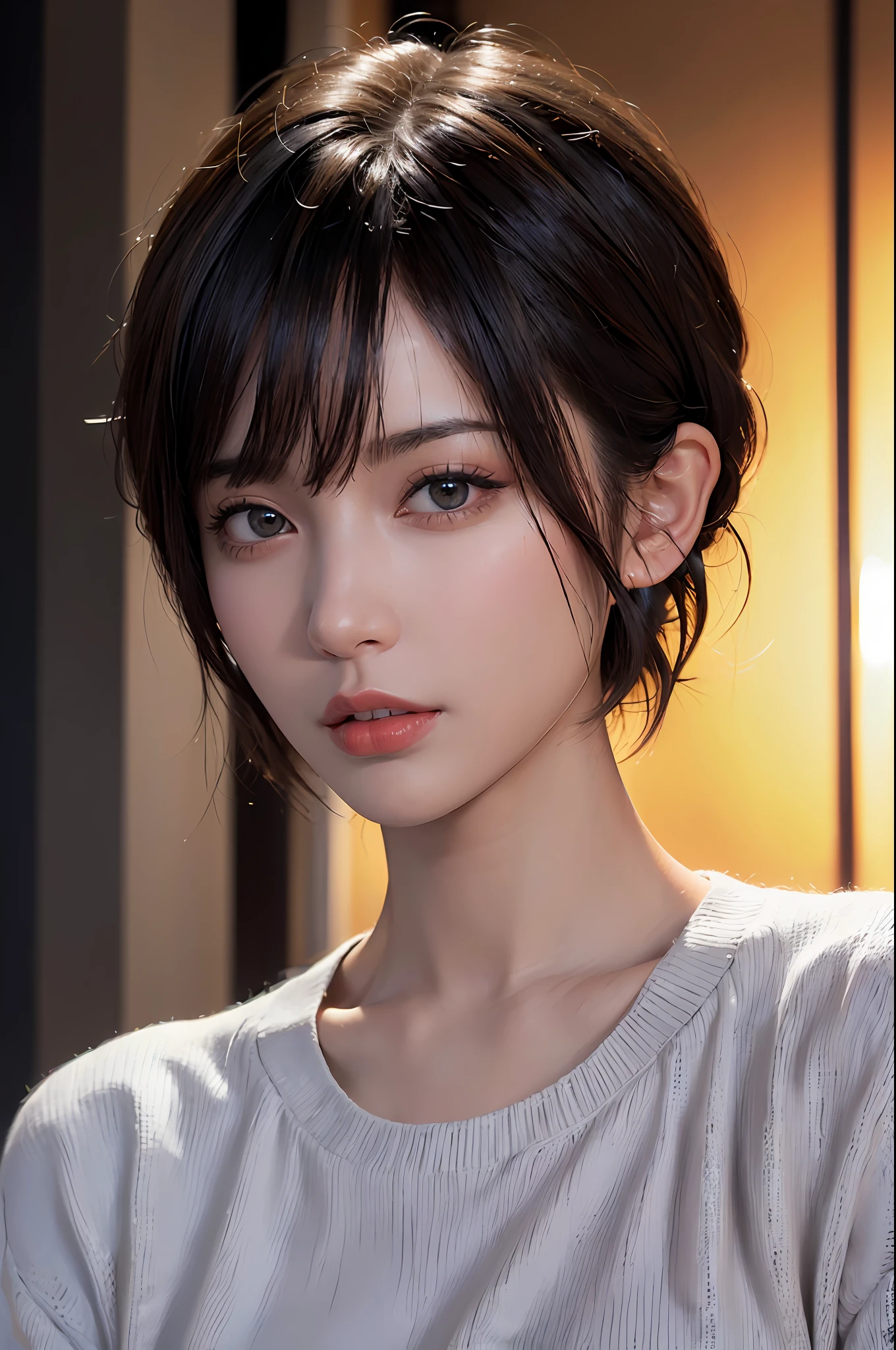(masterpiece:1.3), (8k, photorealistic, RAW photo, best quality: 1.4), (1girl), beautiful face, (realistic face), (black hair, short hair:1.3), beautiful hairstyle, realistic eyes, beautiful detailed eyes, (realistic skin), beautiful skin, (sweater), absurdres, attractive, ultra high res, ultra realistic, highly detailed, golden ratio