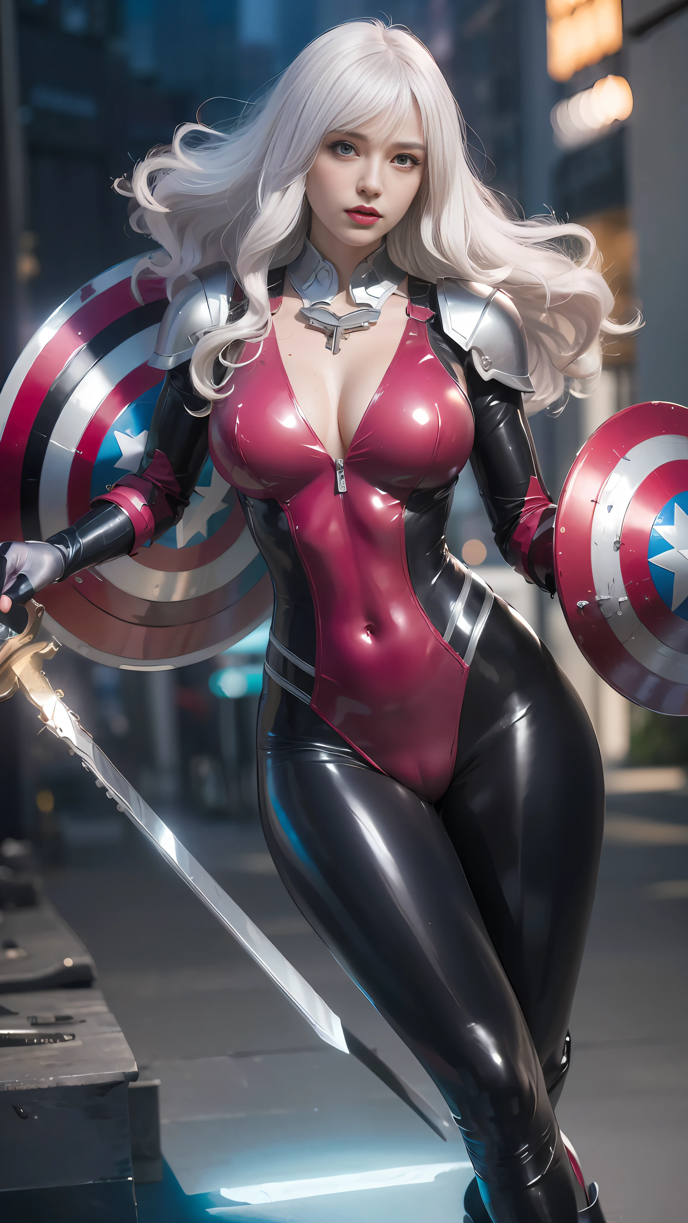 Close-up of a woman holding a shield in red and black outfit, clear eyes, symmetrical eyes, dark eye shadow, 8k Artgerm bokeh, extremely detailed ArtGerm, role-playing of the Black Queen of Harley, IG Model | Art Germ, Art Germ Style, in the style of Marvel and DC, in the style Art Germ, Style Art Germ, Art Germ Julie Bell Bipple