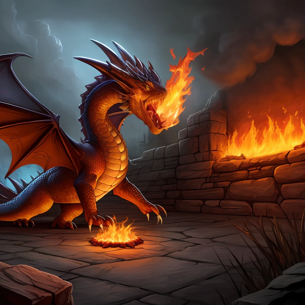 there is a dragon that is on fire with a large head, d&d commision art dragon, fire dragon, dragon breathing fire, the devil in hell as a dragon, dungeon and dragons art, ''dragon breathing fire, d & d monster, fighting a dragon, d&d monster, roleplaying game art, epic dragon, dragon in the background --auto