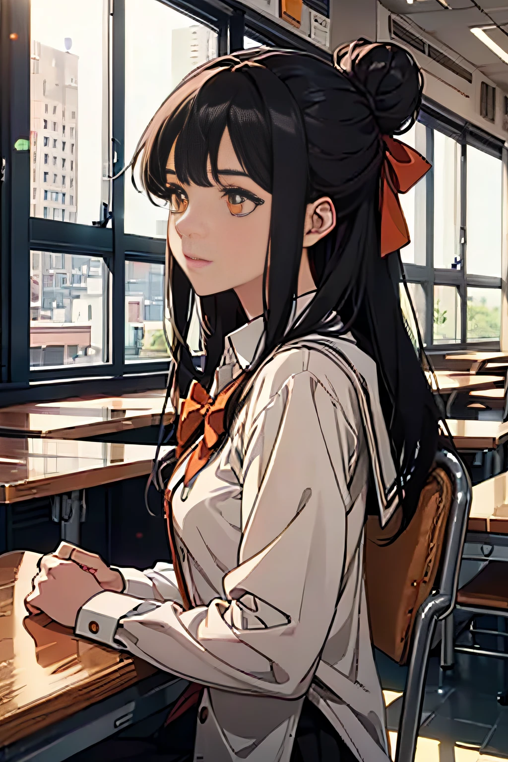 a girle, sitting, a chair, school dress, desks, Restaurant, resplendent, black hair, long hair, side bun, hair bow, orange eyes, anime style, cinematic lighting, panorama, lens flare, UHD, masterpiece, ccurate, textured skin, super detail, high details, high quality, best quality, highres, 4K