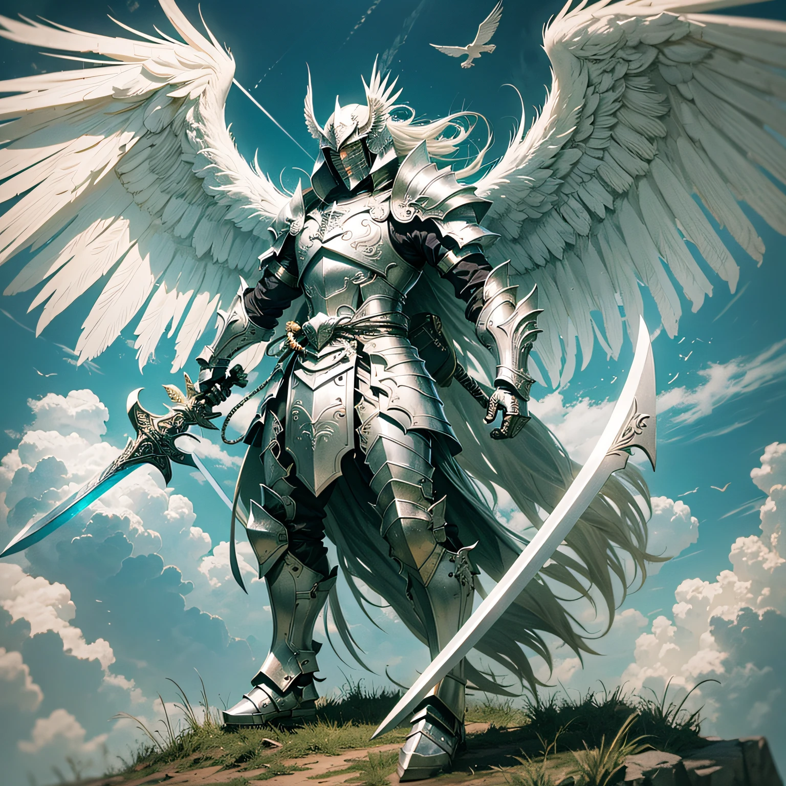 Angel Michael leading the angels in combat, sword. oil painting --auto --s2