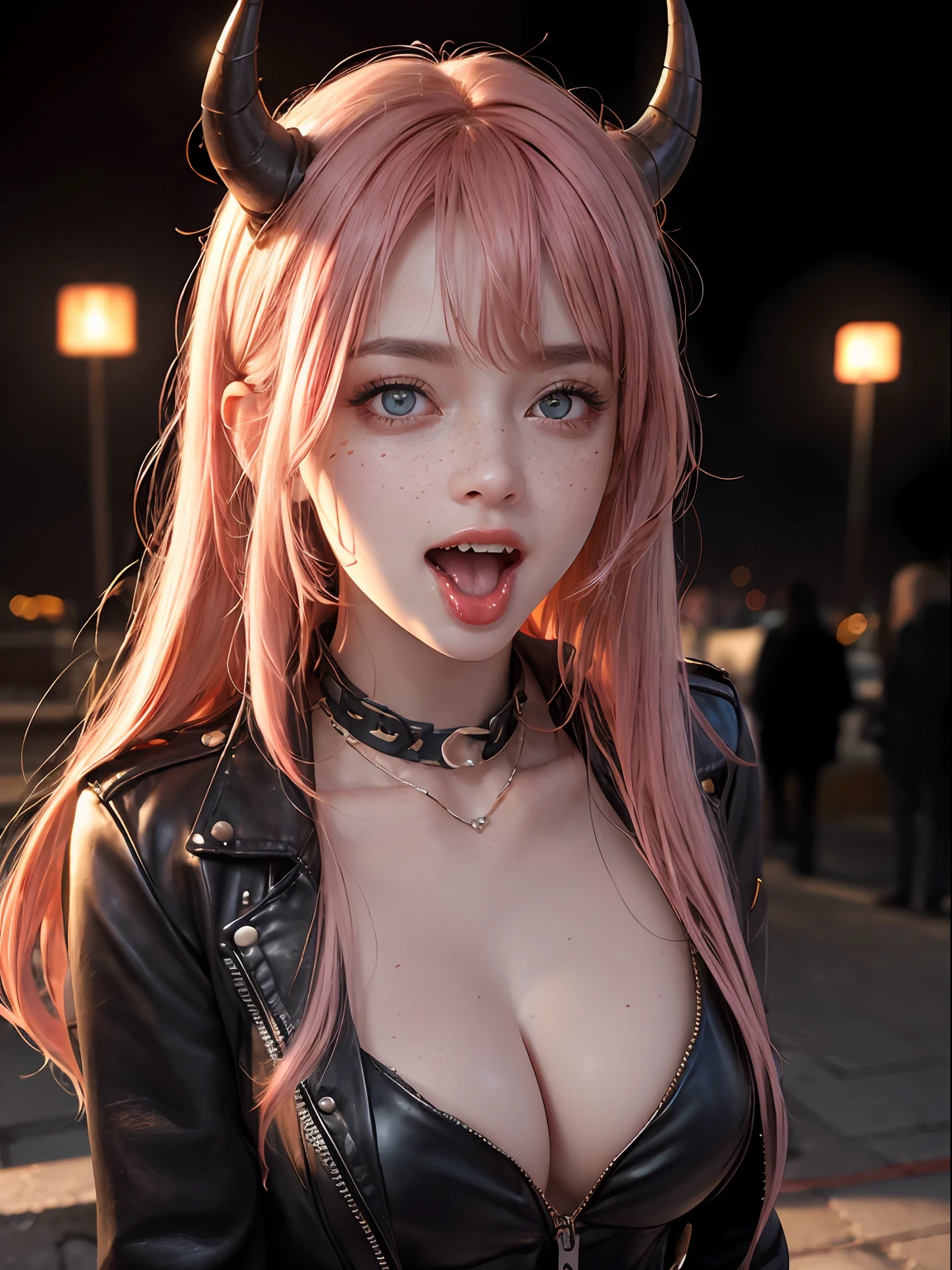 (insanely detailed, beautiful detailed face, masterpiece, best quality), pink hair, ultra detailed beautiful eyes, very long hair, looking at the viewer, giant tits, busty, glowing eyes, freckles, (red infernal background), beautiful detailed glow, a lot of glow, dominant personality, hyper-realistic, perfect hand, 1-demon solo, (masterpiece, extremely_detailed_CG, 8k_wallpaper:1.2) backlight, shadow, chain leash, chained, wearing spiked collar, open leather jacket in the upper body, showing boobs, demonic multitude of lights and glows, focus on tits, nsfw, naked, freckles, yellow eyes, drooling, yellow eyes, sharp teeth, open mouth, red horns, tongue, licking, saliva, fangs, tongue out,