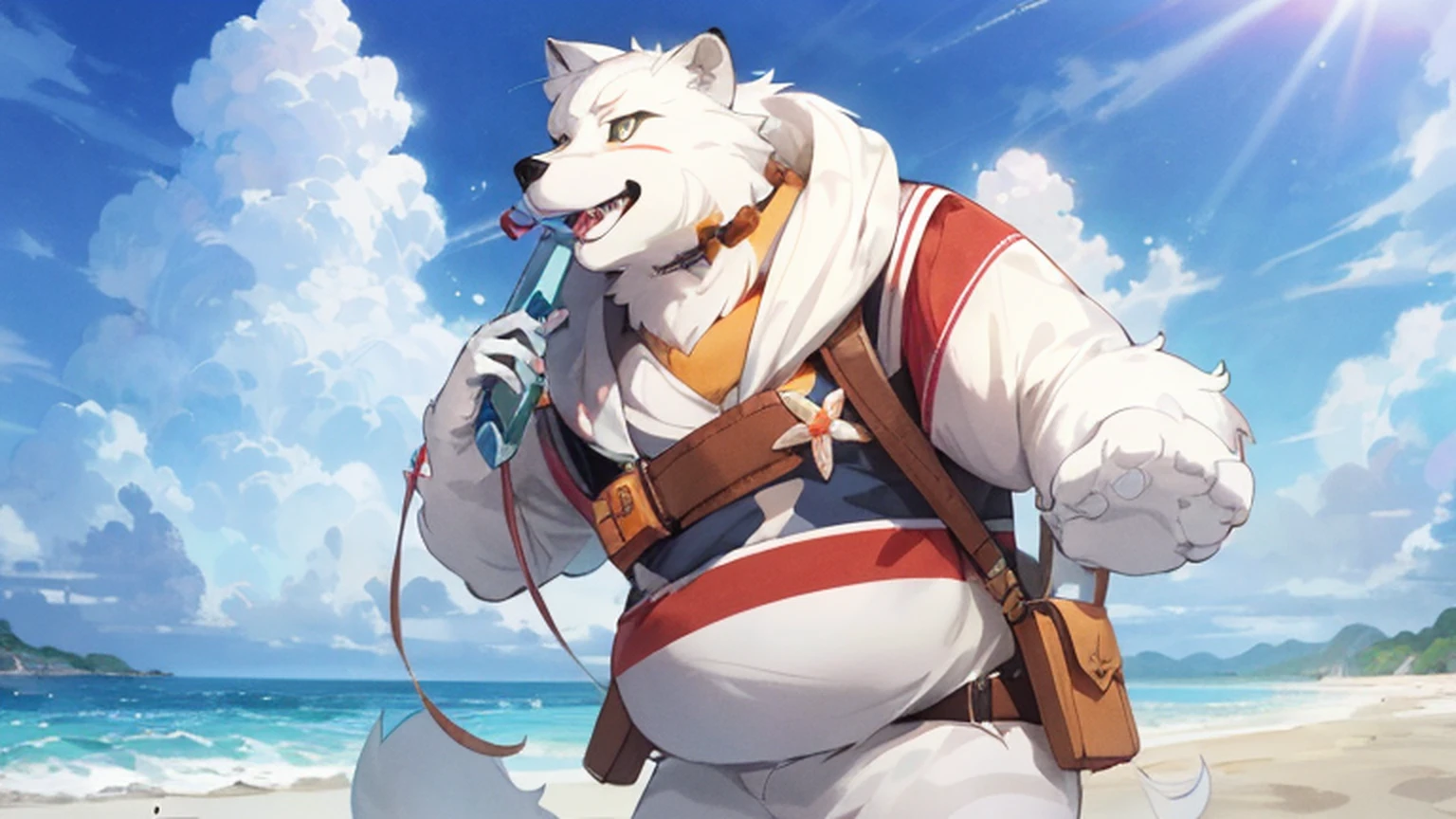 anime character with a backpack and a cell phone on a beach, furry fantasy art, fursona art, fursona furry art commission, isekai, crisp clear rpg portrait, furry art, official art, official artwork, profile picture 1024px, white fox anime, furry art!!!, anthropomorphic furry art, very very beautiful furry art