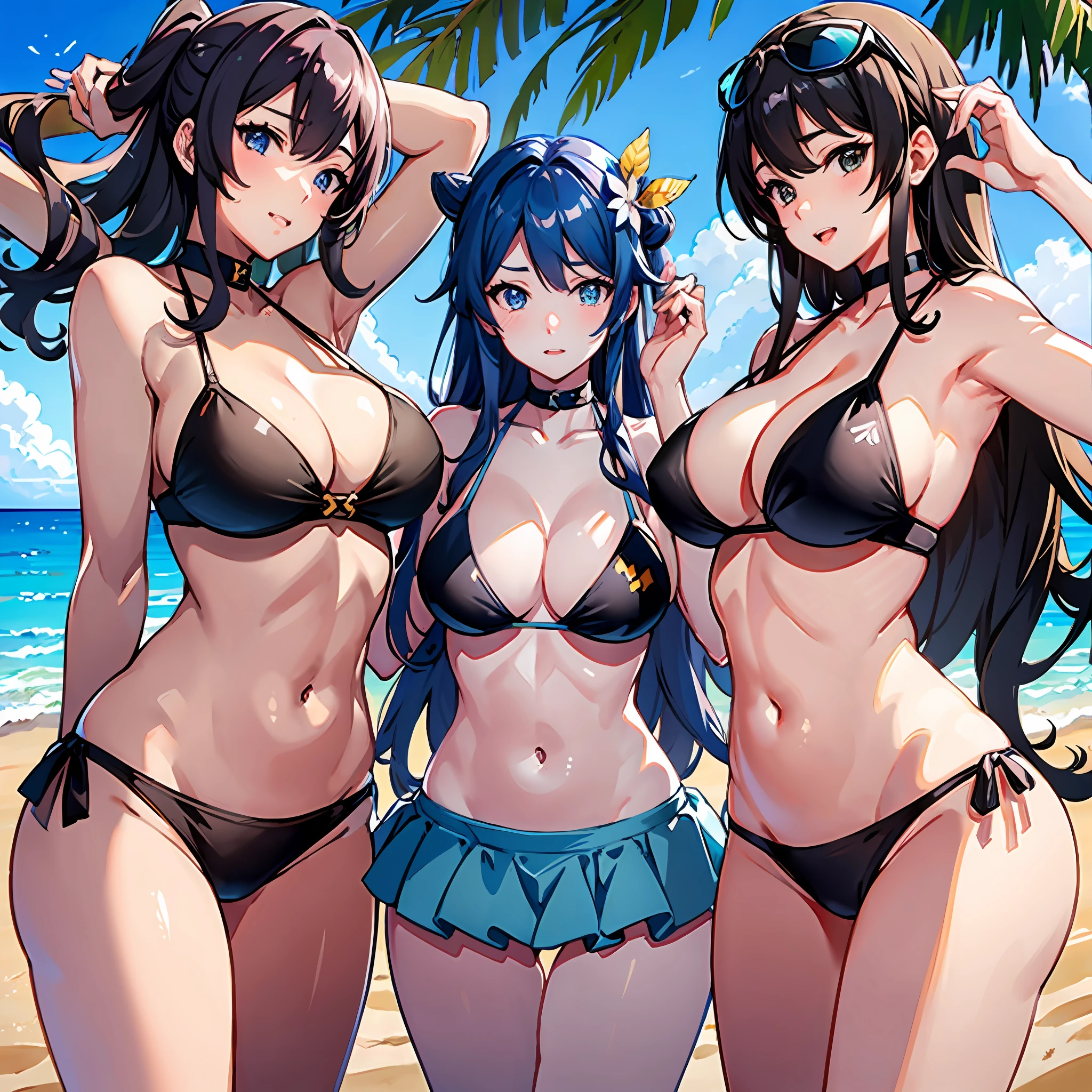 three sexy women in bikinis standing on a beach next to the ocean, ecchi anime style, ecchi, in the beach, on a sunny beach, at the beach, anime girls, oppai, beaching, at a beach, oppai proportions, commission for, kantai collection style, on a beach, at a tropical beach, ecchi style