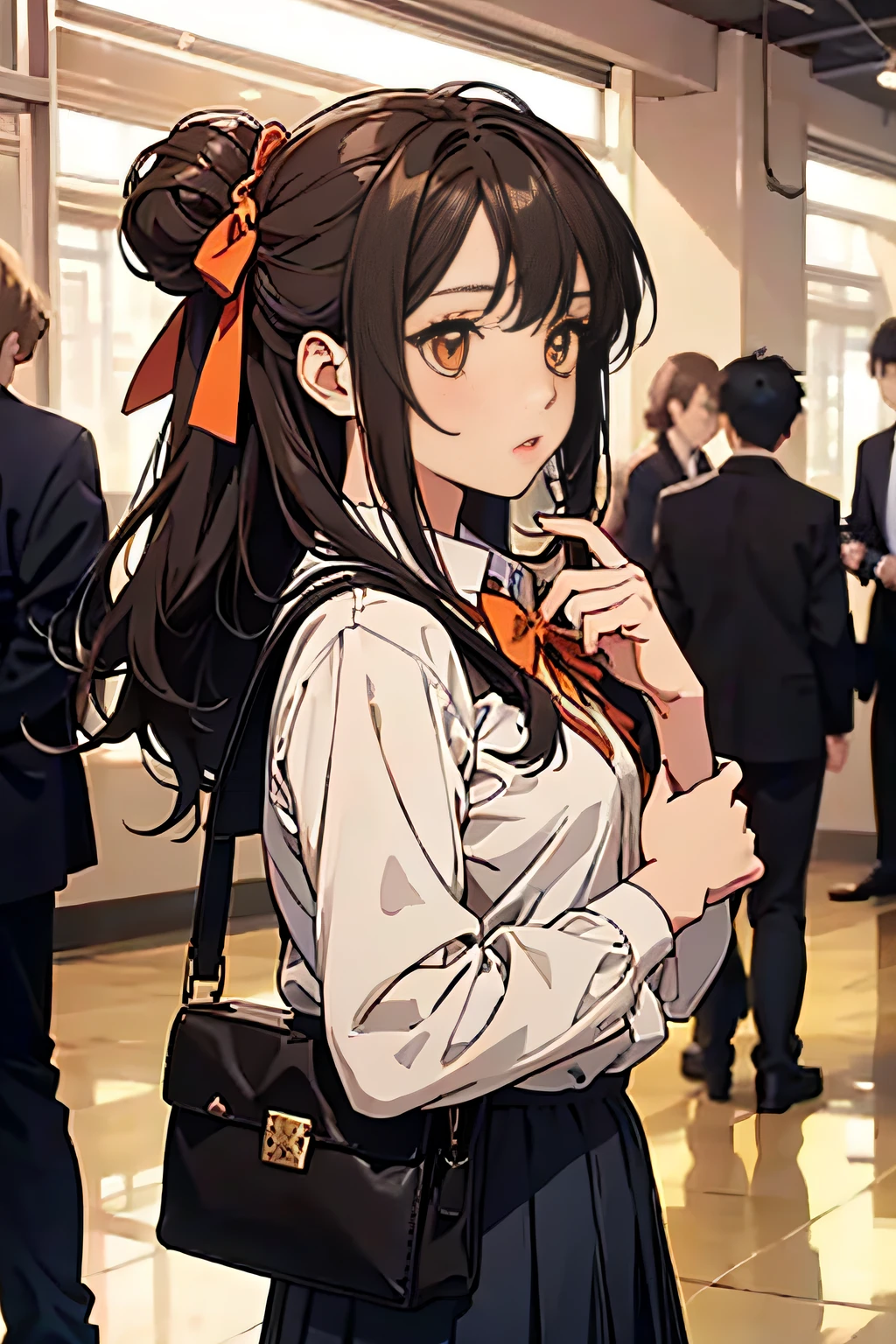 A girl, school uniform, brunette hair, long hair, side bun, hair bow, orange eyes, anime style, ((delicate bag)), masterpiece, ccurate, textured skin, super detail, high detail, high quality, best quality, high resolution, 4K
