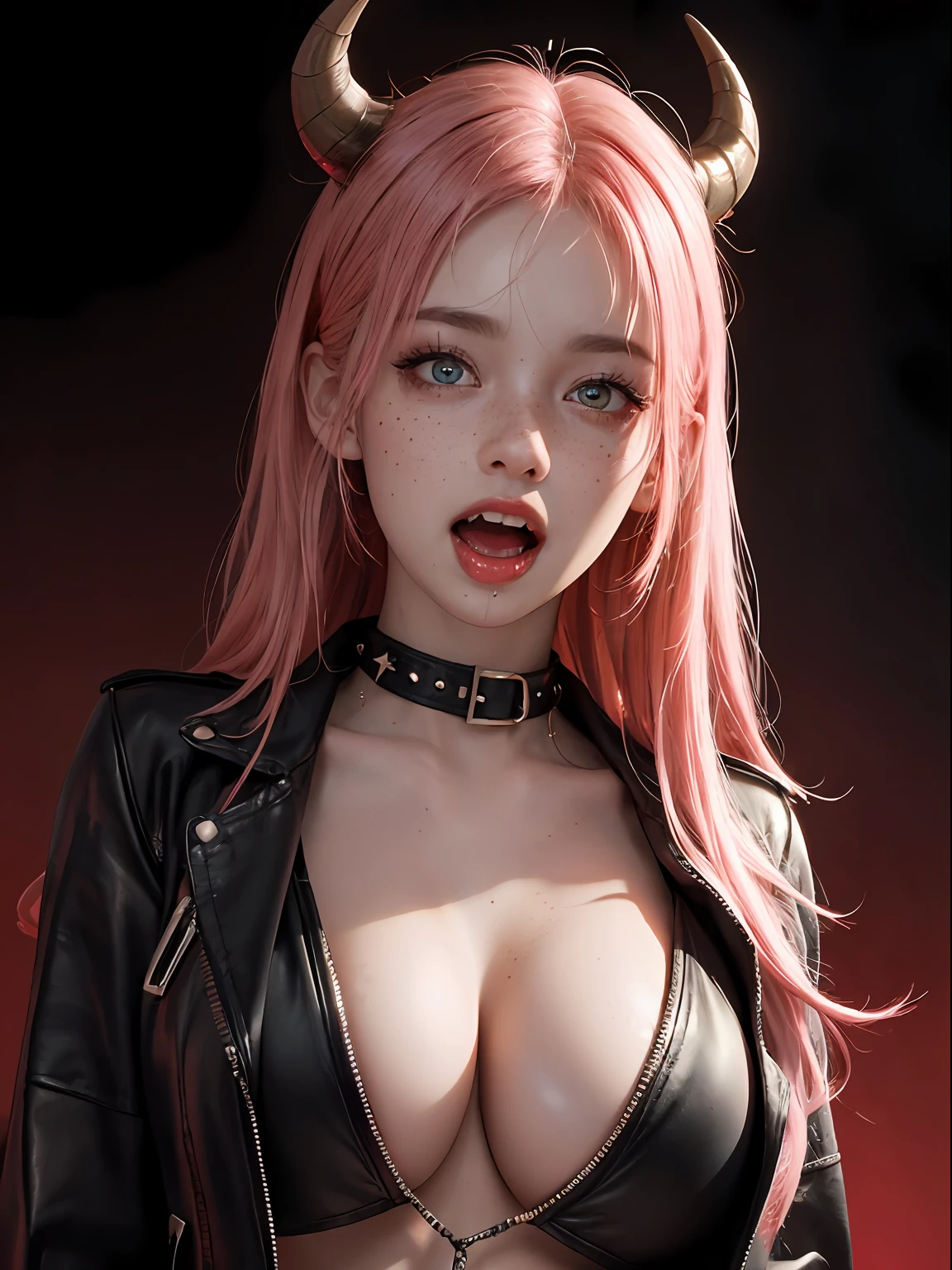 (insanely detailed, beautiful detailed face, masterpiece, best quality), pink hair, ultra detailed beautiful eyes, very long hair, looking at the viewer, giant tits, busty, glowing eyes, freckles, (red infernal background), beautiful detailed glow, a lot of glow, dominant personality, hyper-realistic, perfect hand, 1-demon solo, (masterpiece, extremely_detailed_CG, 8k_wallpaper:1.2) backlight, shadow, chain leash, chained, wearing spiked collar, open leather jacket in the upper body, showing boobs, demonic multitude of lights and glows, focus on tits, nsfw, naked, freckles, yellow eyes, drooling, yellow eyes, sharp teeth, open mouth, red horns, tongue, licking, saliva, fangs, tongue out,