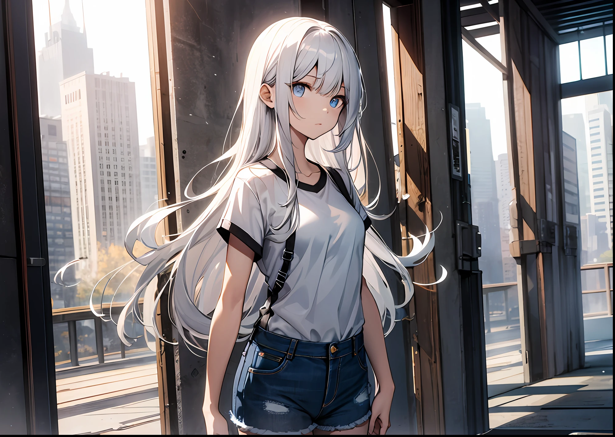 1 white long hair, goddess, shirt, denim shorts, sandals, delicate face, white hair goddess, cold eyes, noble posture