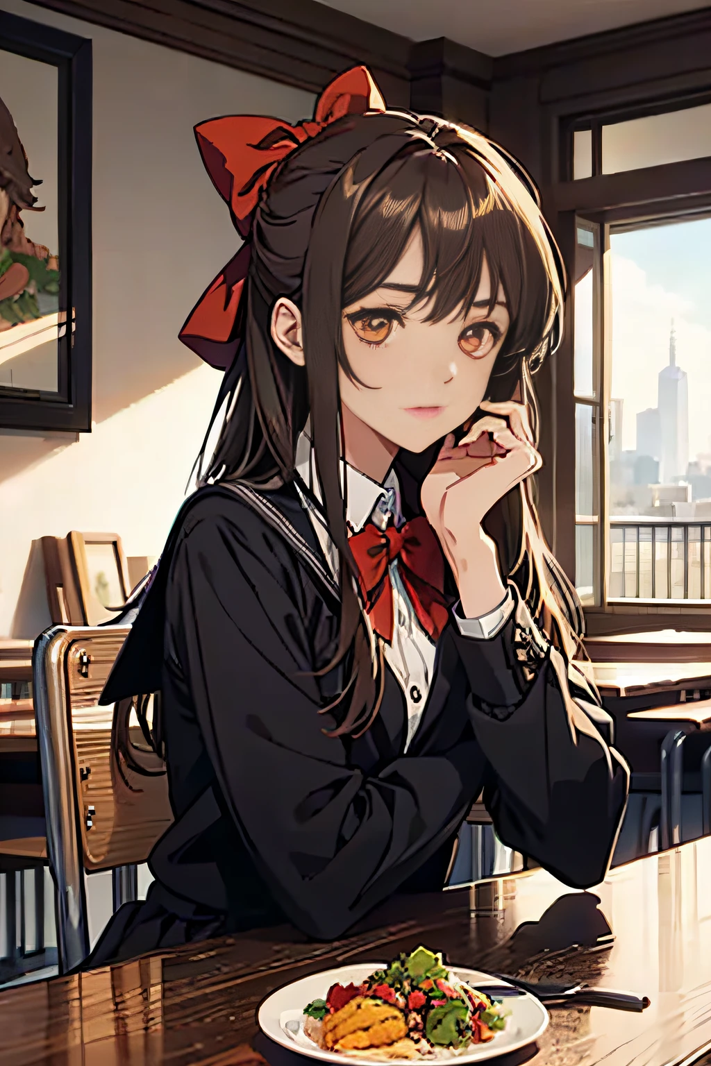 A girl, school uniform, brunette hair, long hair, side bun, hair bow, orange eyes, anime style, sitting, exquisite cuisine, masterpiece, ccurate, textured skin, super detail, high detail, high quality, best quality, high resolution, 4K