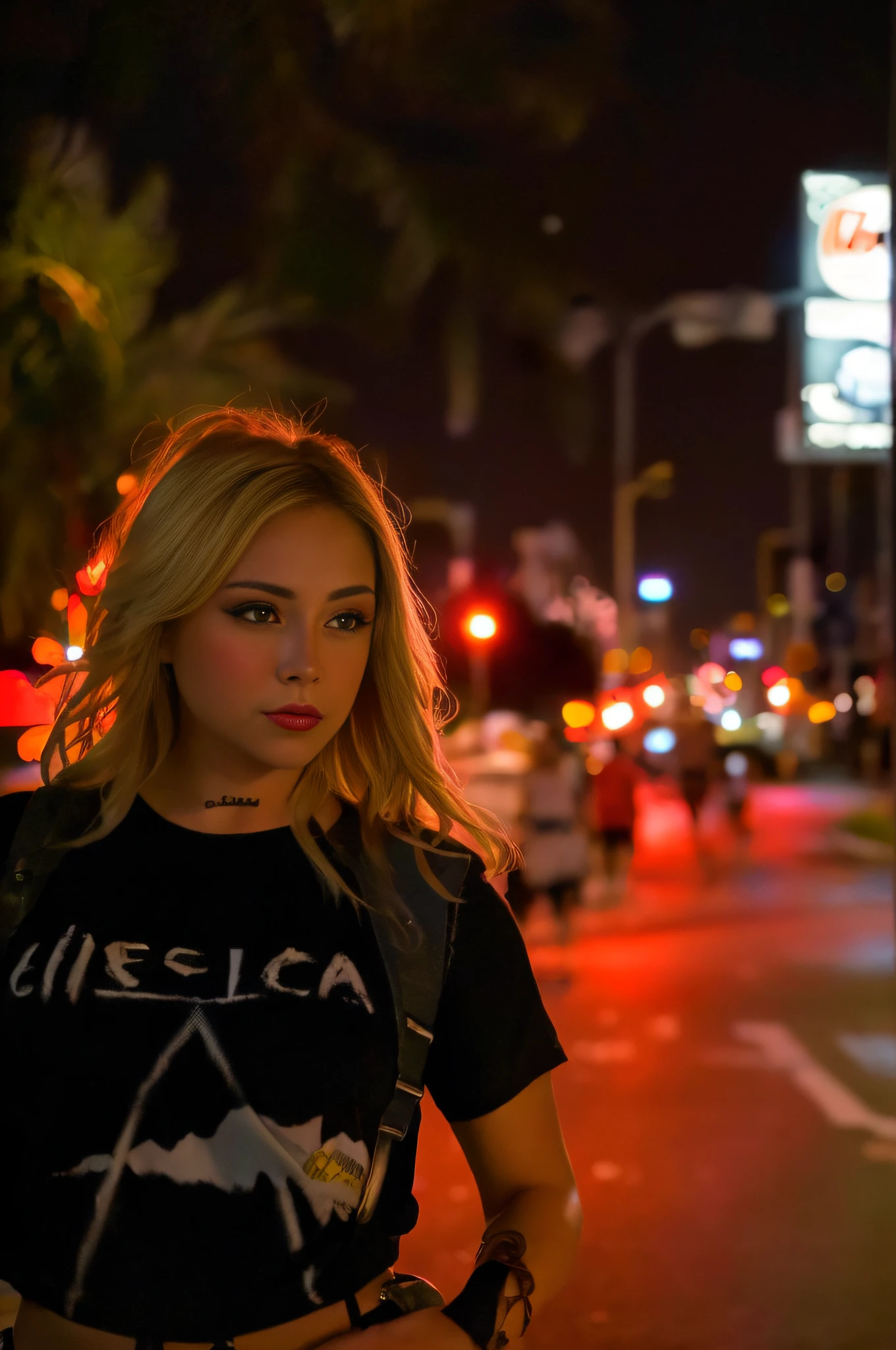 masterpiece of a beautiful American woman in lingerie, standing on the side of the road at night, street photo, on a street in Las Vegas, night photo, profile picture by Dan Frazier, bikini, poster photo, auto focus, incredibly sharp, beautiful, sensual, not blurry, taken with a Pentax K1000, depth of field,