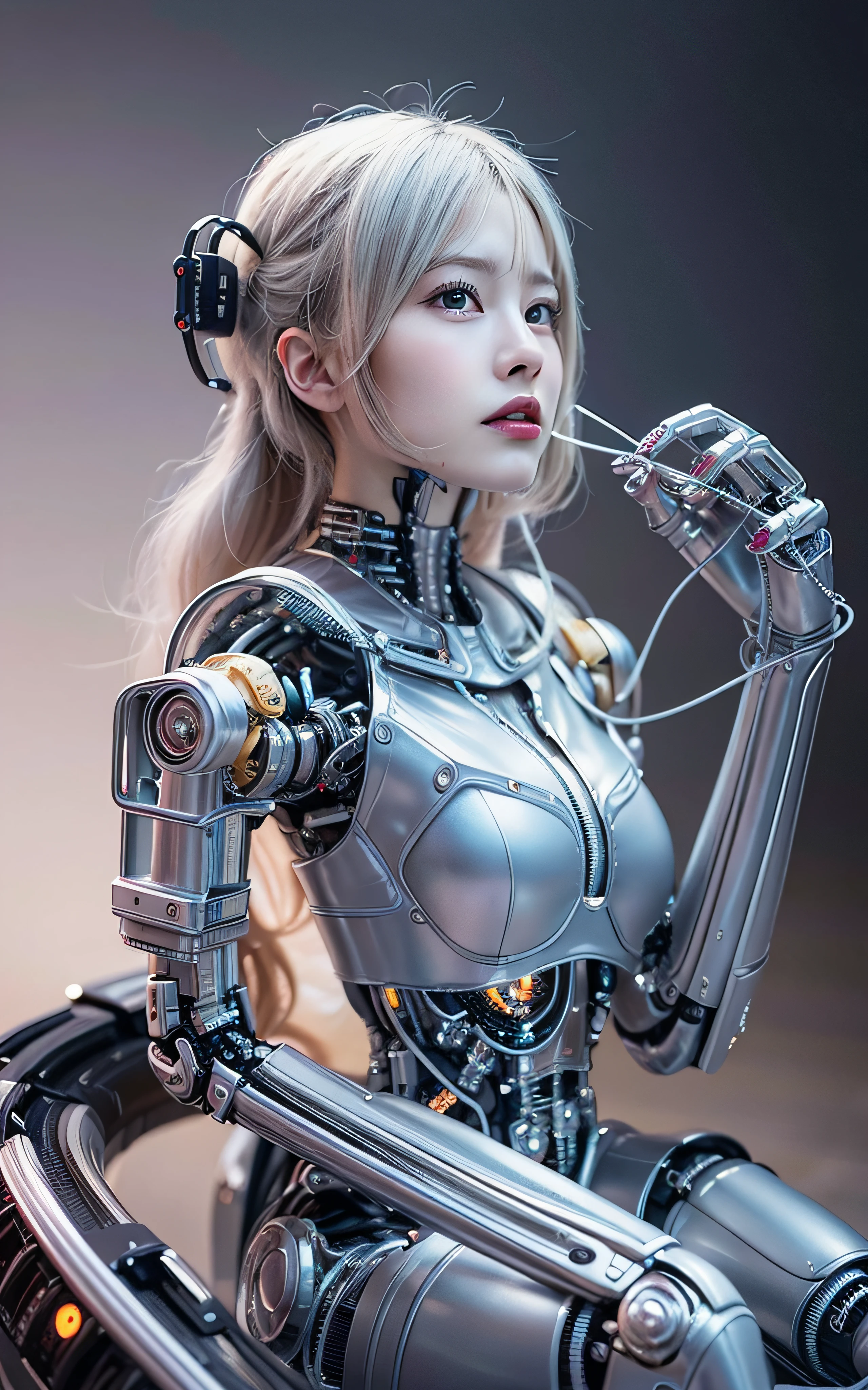 Complex 3d render ultra-detailed beautiful porcelain profile female android face, cyborg, robot part, 150 mm, beautiful studio soft light, rim light, vivid details, gorgeous cyberpunk, lace, surreal, anatomical, face muscle, cable wire, microchip, elegant, beautiful background, octane rendering, HR Giger style, 8k, top quality, masterpiece, illustration, very delicate and beautiful, highly detailed, CG, uniform, wallpaper, ( realistic, Photorealistic: 1.37), Amazing, Elaborate, Masterpiece, Top quality, Official art, Highly detailed CG unity 8k wallpaper, Absurd, Incredibly absurd, Robot, Silver Halmet, Full body, Sitting