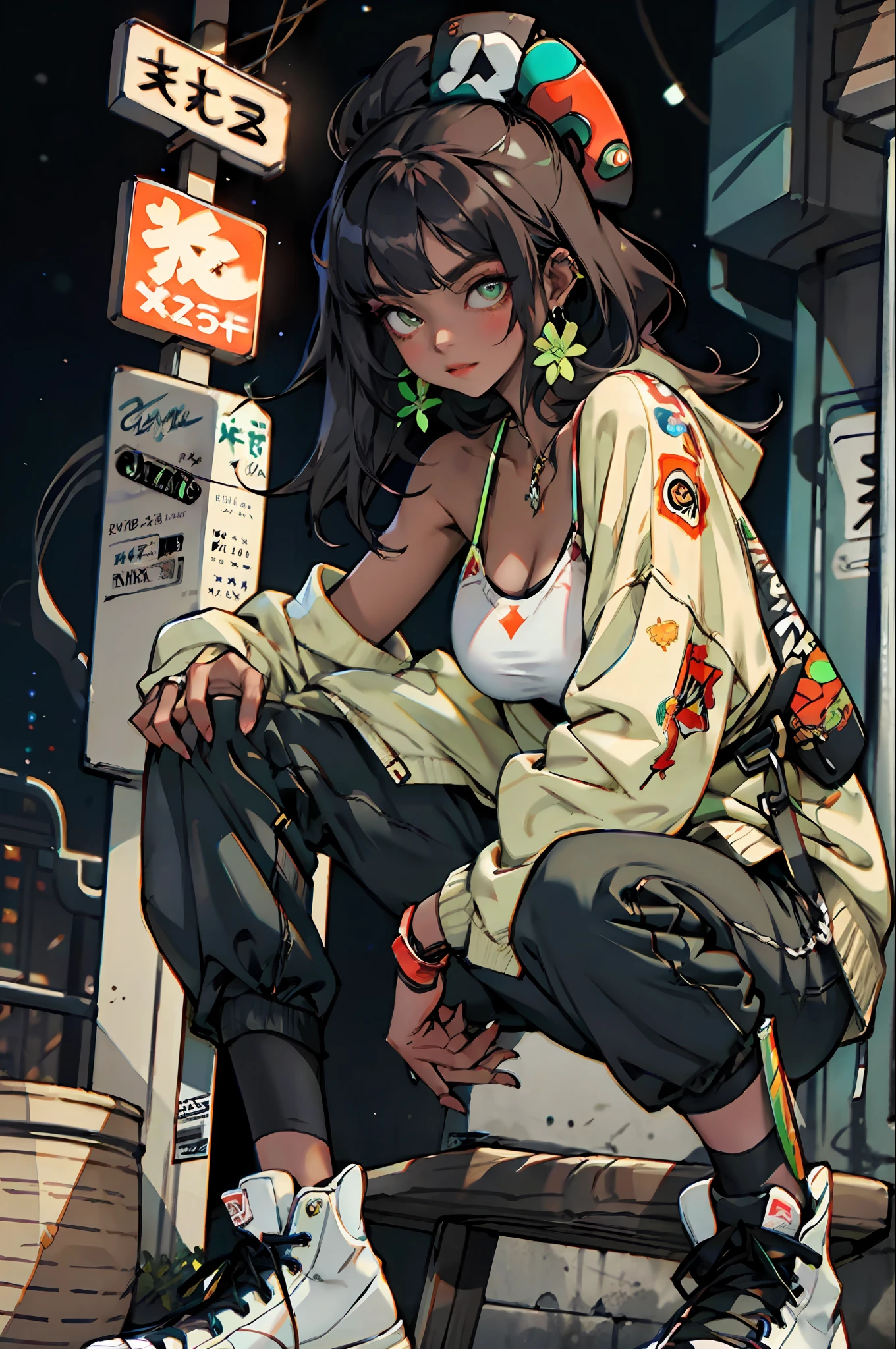 (masterpiece: 1.2, best quality), 1lady, solo, big tits, close, 
Dark skinny jeans, oversized sweater, ankle boots, cannabis print, neon lights, 
Loose waves, central part
Simple hoop earrings, cool, cool, fashionable, rockstar 
Green Park