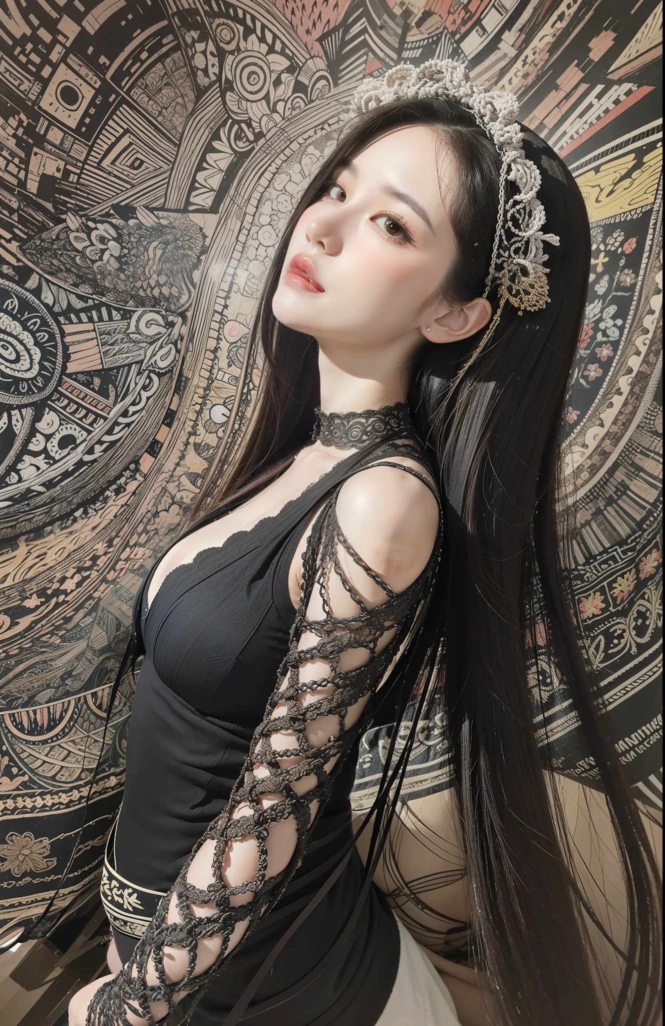 official art, unity 8k wallpaper, ultra detailed, beautiful and aesthetic, masterpiece, best quality, (zentangle, mandala, tangle, entangle), (fractal art:1.3) , 1girl, extremely detailed, dynamic angle, cowboyshot, the most beautiful form of chaos, elegant, a brutalist designed, vivid colours, romanticism, , atmospheric, ecstasy of musical notes, streaming musical notes visible