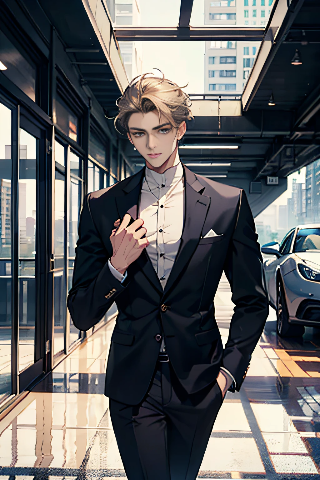 Handsome-looking young man
suit
Starched
The shirt neckline is neat
The clasp is tightened
Hair is neatly combed
Slightly messy
Handsome
Large floor-to-ceiling windows
Porsche sports car
Metallic luster
key
flash
self-assurance
Sharp gaze
Have it all
City view
Buildings
Bustling traffic
Bustling indoor environment
Possession of wealth and status