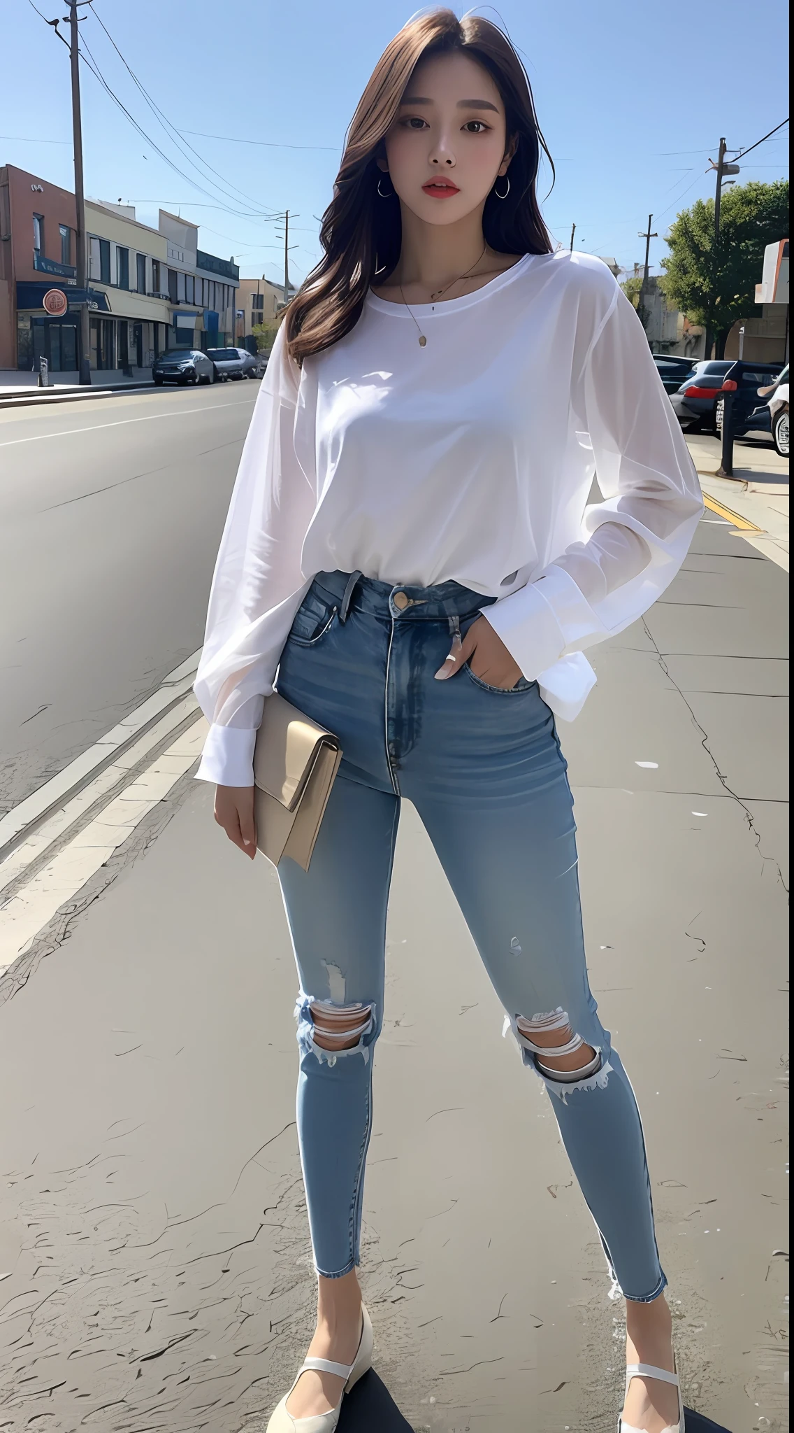 Masterpiece of the ultimate realistic 1girl transparent white shirt transparent blue jeans standing street sheer mid-rise