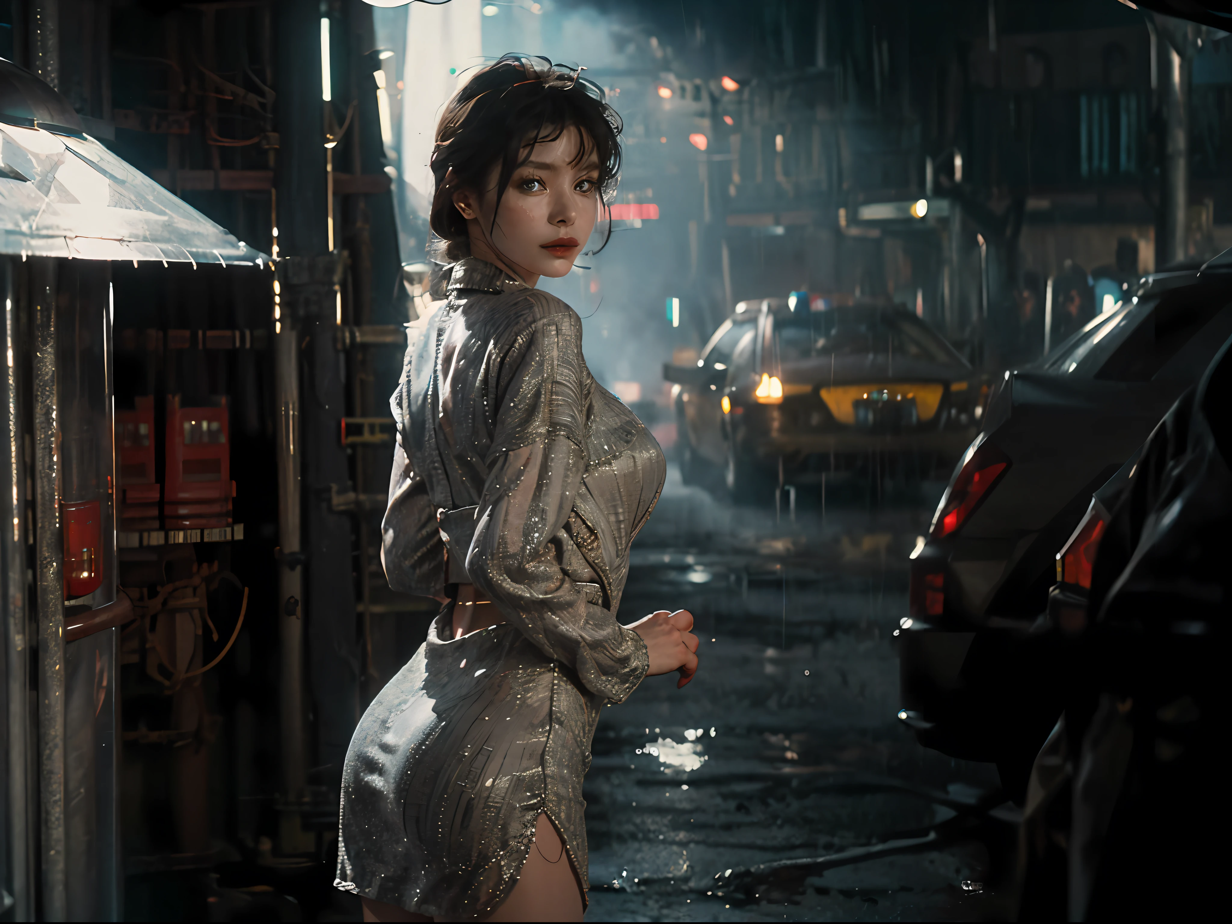 Photo of a woman in a city street, inside a car, skinny, tight dress, (cinematic look:1.4), soothing tones, insane details, intricate details, hyperdetailed, low contrast, soft cinematic light, (dim colors:0.6), hdr, raw, slate gray atmosphere, (looking to the camera:1.5), blue eyes, (smooking:1.2), red lips, smiling, raining outside