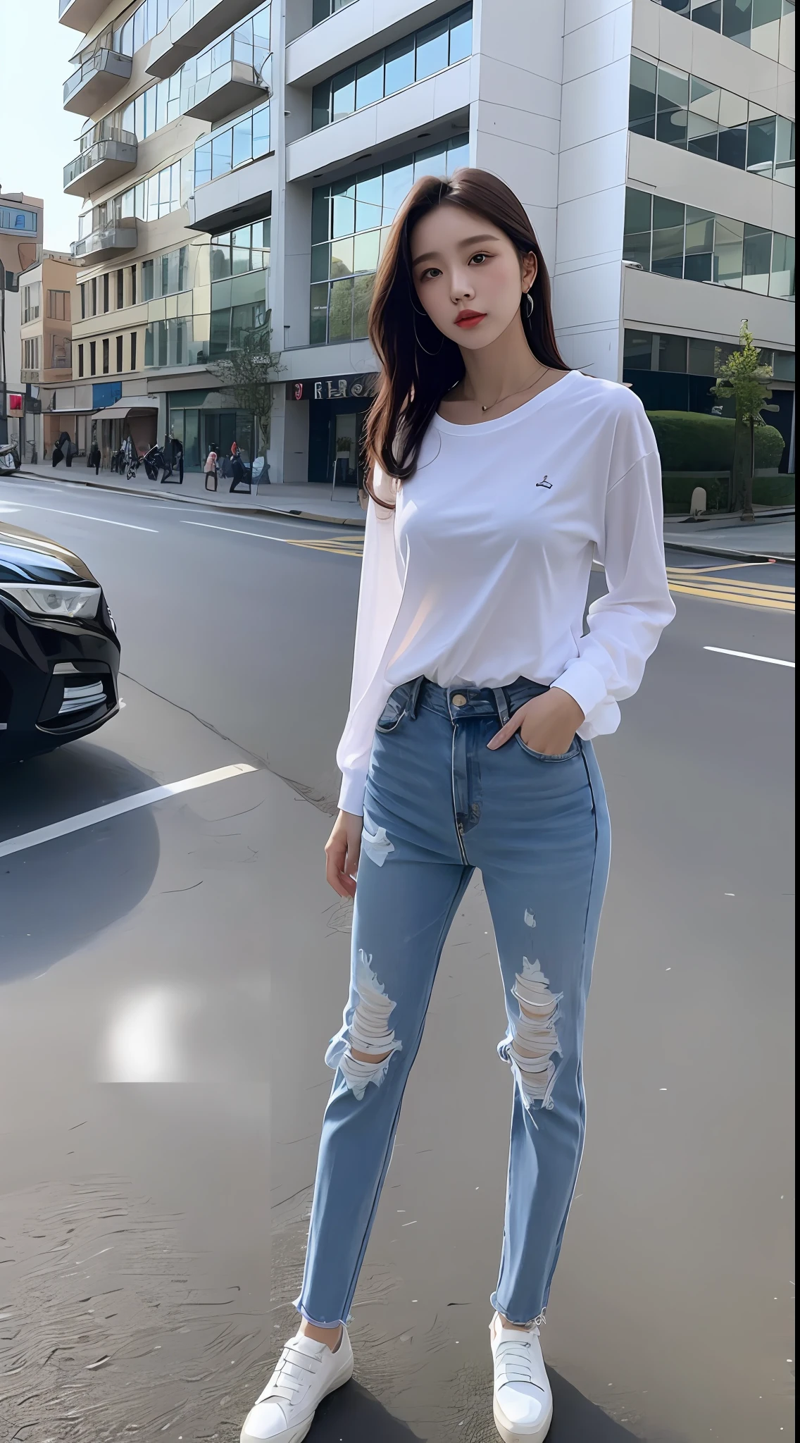 Masterpiece of the ultimate realistic 1girl transparent white shirt transparent blue jeans standing street sheer mid-rise