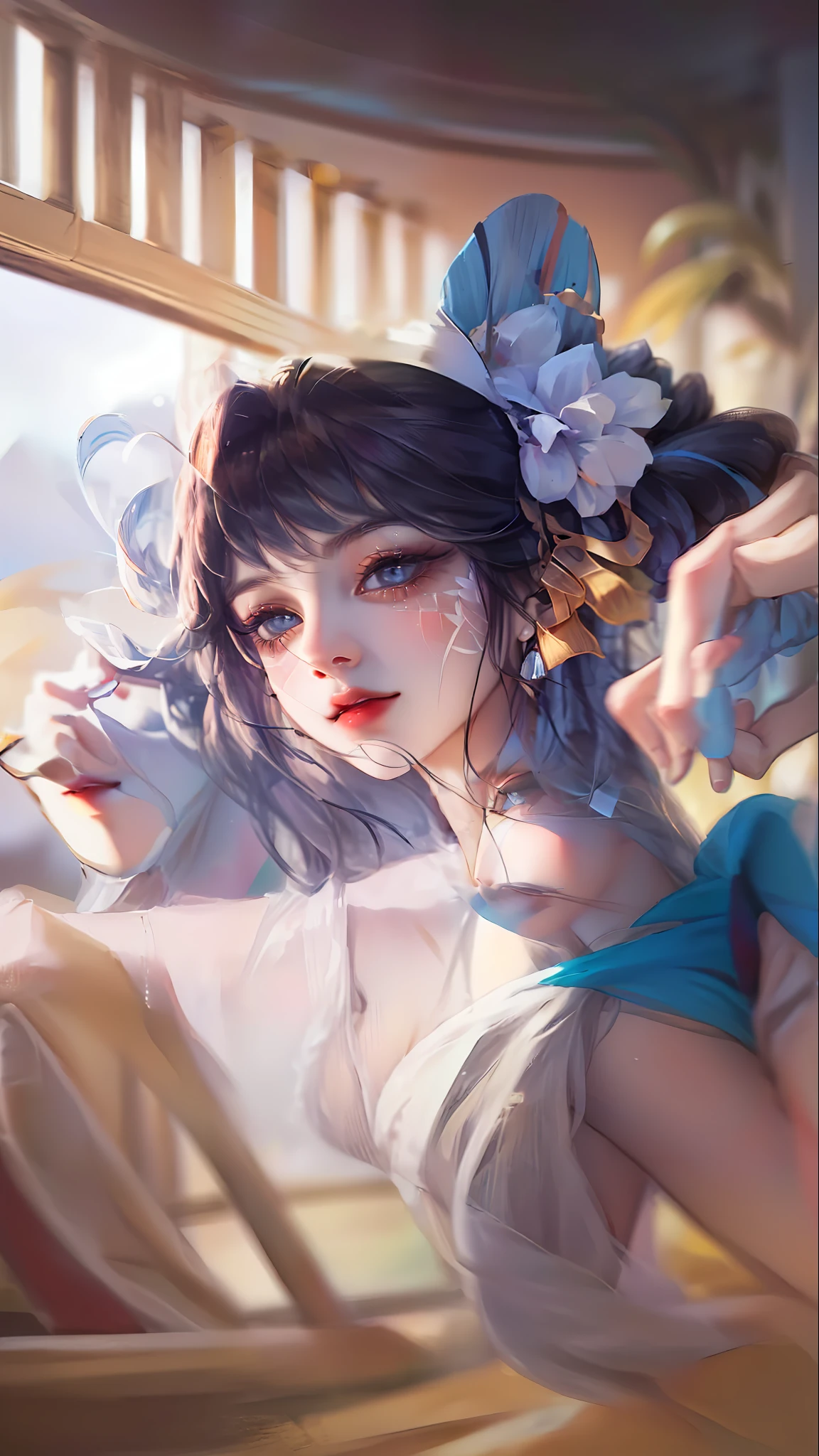 8K, Best Quality, Masterpiece, Ultra High Resolution, (Realism: 1.4), Original Photo, (Realistic Skin Texture: 1.3), (Film Grain: 1.3), (Selfie Angle), 1 Girl, Beautiful Eyes and Face Details, Masterpiece, Best Quality, Close-up, Upper Body, Looking at the Viewer