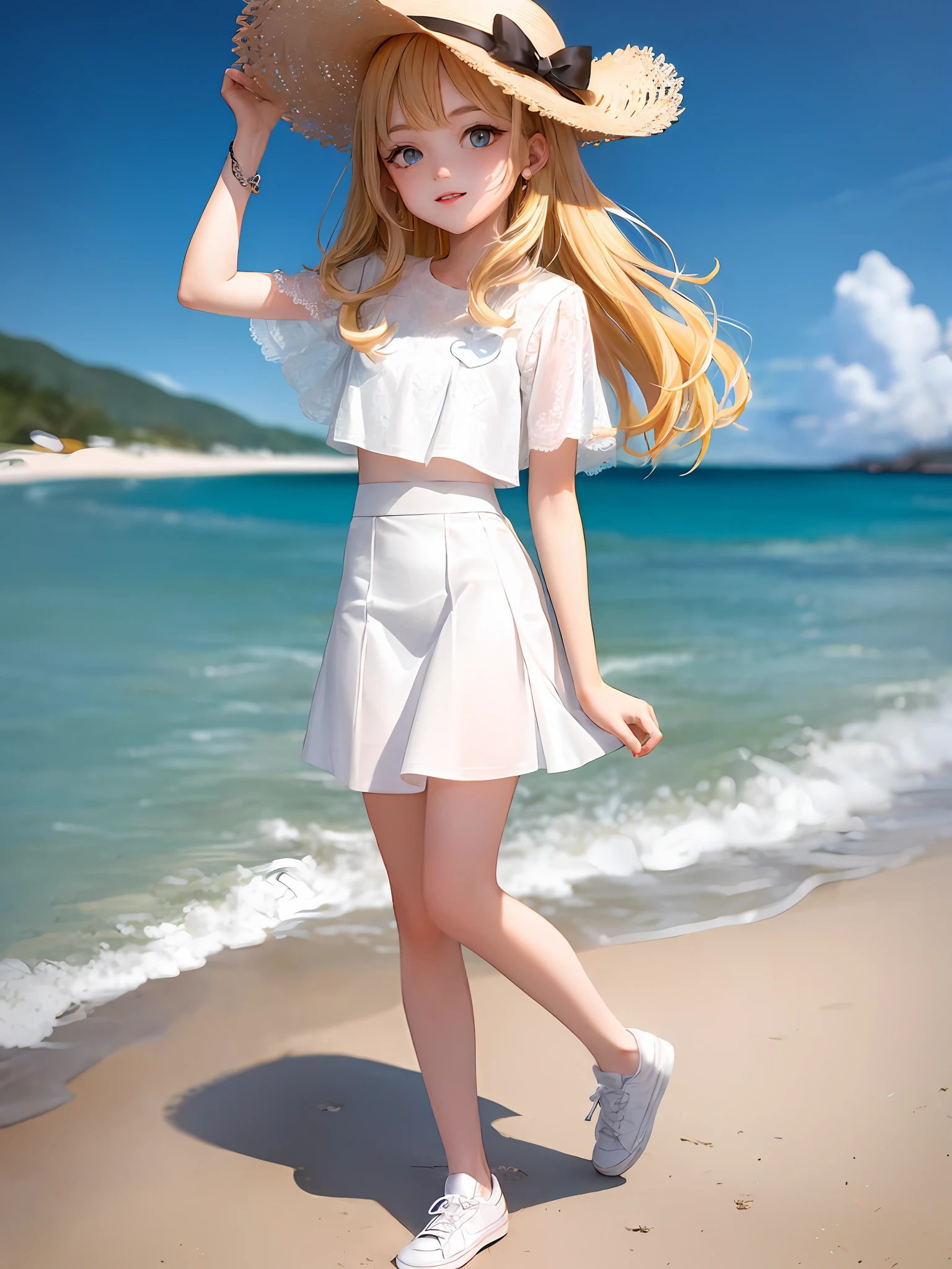 1girl, (masterpiece:1.1), (best quality:1.1), (white blouse:1.1), BREAK [blue:pink:0.5] theme, cowboy shot, full body, sideways view, looking at the audience, BREAK flaxen hair, curly hair, delicate facial features, blue eyes, white hat, lady hat, white top, black miniskirt, white sneakers, standing, beach, Sell moe