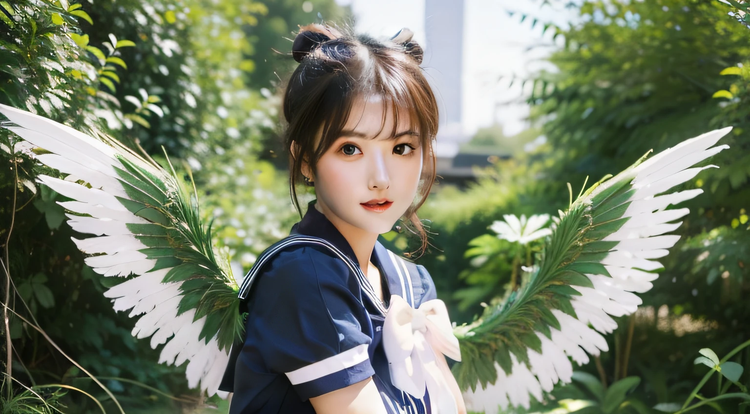 ((Masterpiece)), best quality, ultra detailed, ultra realistic, high resolution, full body, super cute face, lovely eyes, super beautiful green eyes, sailor moon, super beautiful hair, super cute wings, super sexy, idol, ulzzang, most beautiful girl, bun on head, exaggeratedly beautiful, in a super beautiful and futuristic city