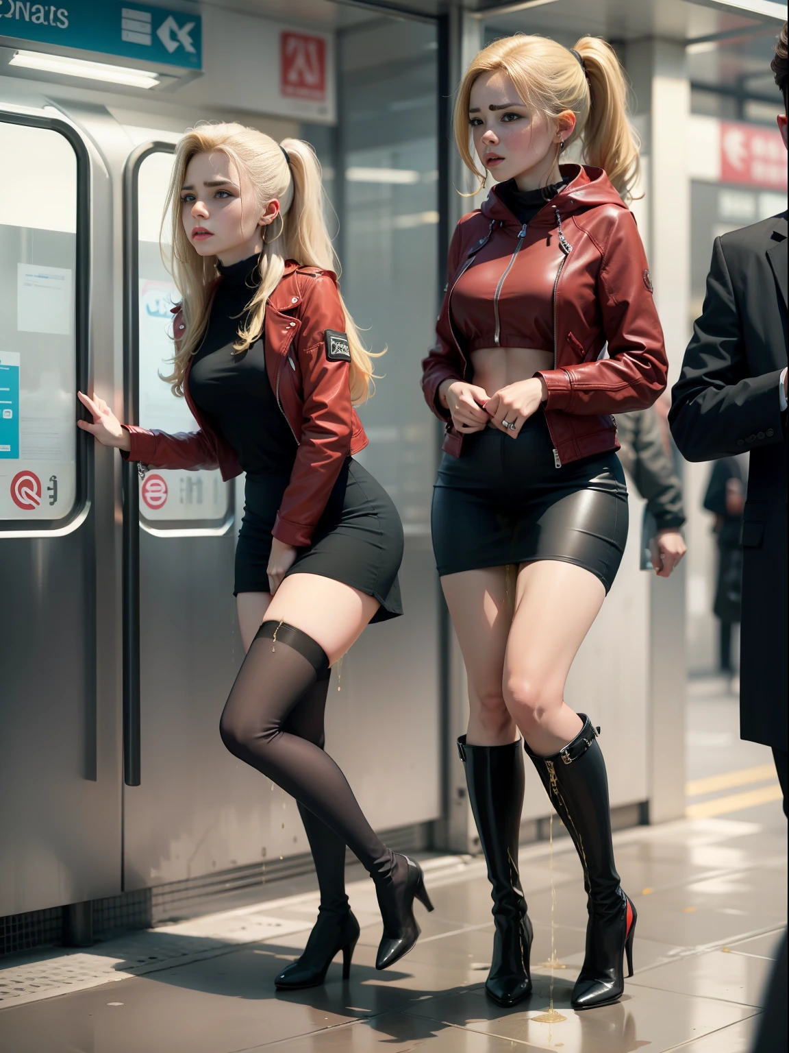 blonde, ponnytail hair, two friends, muscular legs, muscular calves, Strong legs, muscular hips, wide hips, Curvy hips, full body shot, mesh tights, mid-thigh boots with high heels, short leather jacket, short jumper dress, large ring earrings, Really wants to pee, goes to the subway, wants to pee, desperately wants to pee, wants to urinate, palm on his stomach, crumples the hem of the dress with his hands, Knees together, Clenched knees, Clenched hips, Expression of shame on the face, embarrassment, bites the lower lip, full bladder, terribly wants to go to the toilet, anatomically correct, realistic, side view
