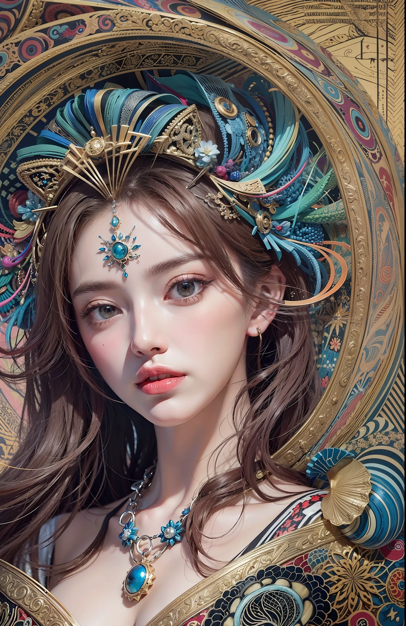 official art, unity 8k wallpaper, ultra detailed, beautiful and aesthetic, masterpiece, best quality, (zentangle, mandala, tangle, entangle), (fractal art:1.3) , 1girl, extremely detailed, dynamic angle, cowboyshot, the most beautiful form of chaos, elegant, a brutalist designed, vivid colours, romanticism, , atmospheric, ecstasy of musical notes, streaming musical notes visible