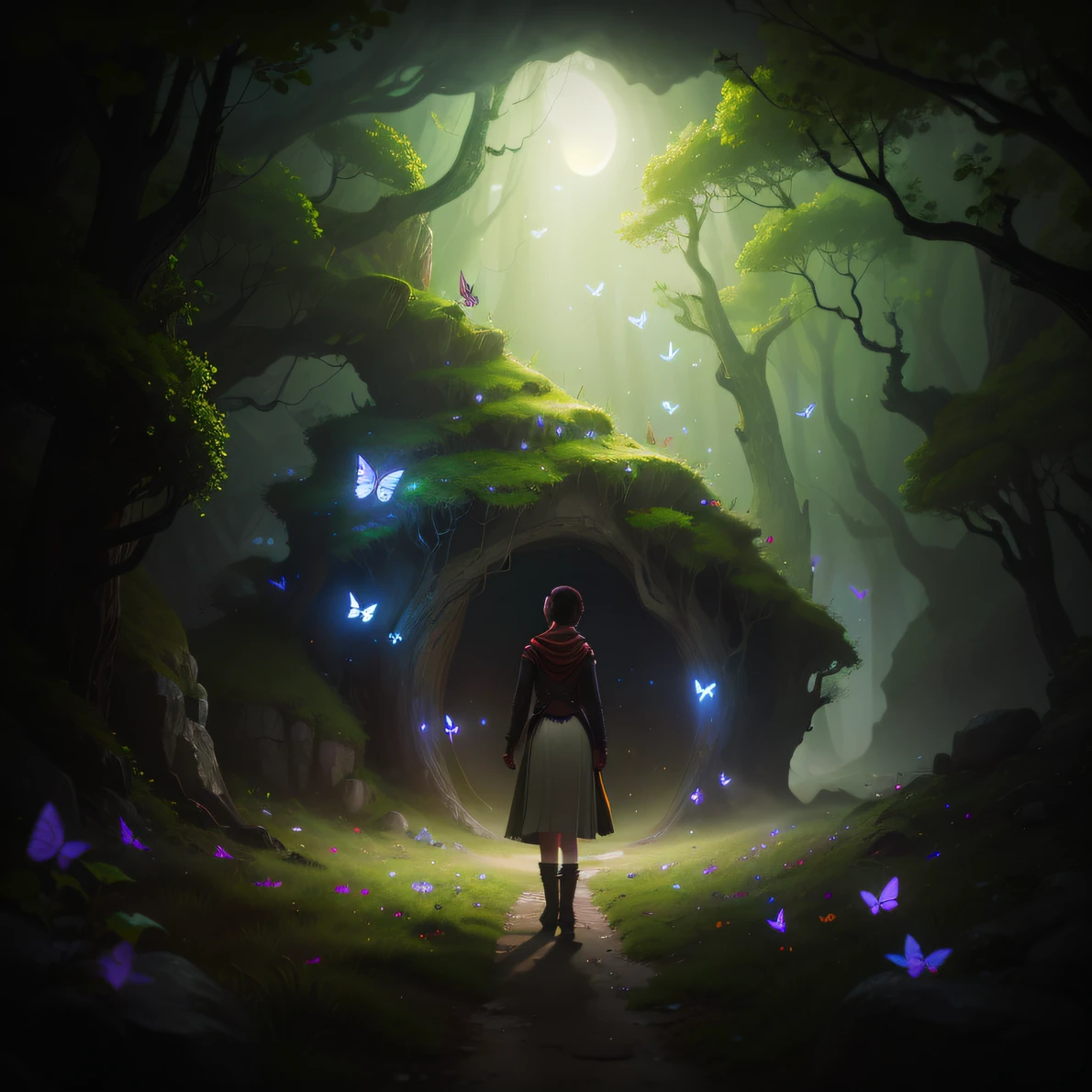 Best quality, night, dark forest, empty meadow, a girl standing outside a cave, golden butterflies flying, vista