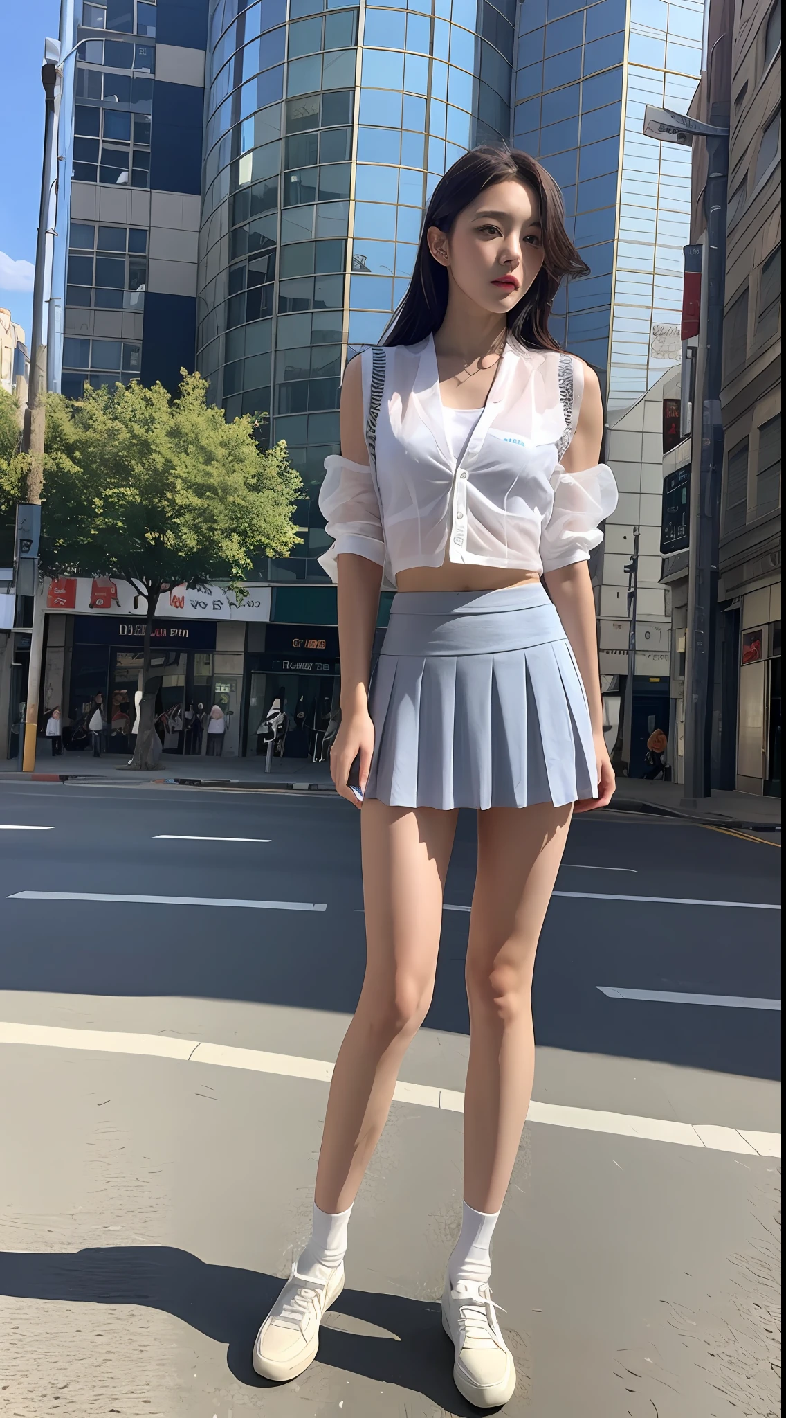 Masterpiece, superlative, realistic, 1girl, transparent vest, detailed beautiful abs, transparent short skirt, standing on the street, sheer mid-rise