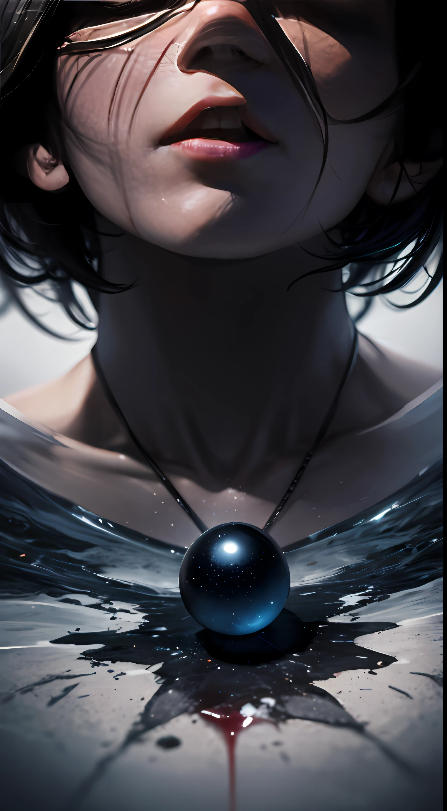 Stained with blood: 1.6) (from above: 1.5), Panorama, Looking Up at the Lens, Chiaroscuro, Vanishing Point, Cool Tones, Optics, Path Glow, Film Photography, Top Photo Masterpieces, Anti-Aliasing: 5D, Evil, Dark, Night, Full Body View, Nude, (Gray Tattoo Skin: 1.5), 1 Angel, Glowing Feather Wings, Praying with Hands, Eyes Closed, Black Hair, Short Hair, Water Magic Ball Special Effects,