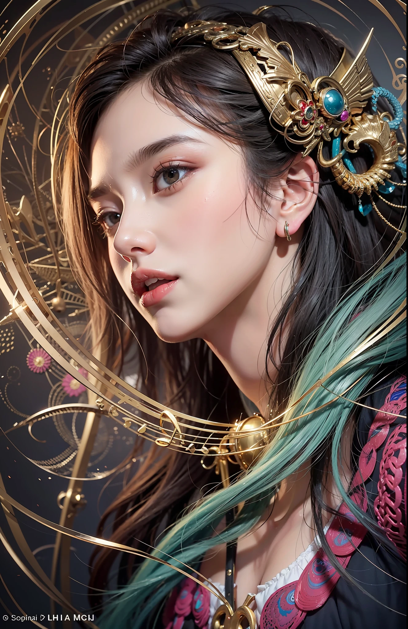 official art, unity 8k wallpaper, ultra detailed, beautiful and aesthetic, masterpiece, best quality, (zentangle, mandala, tangle, entangle), (fractal art:1.3) , 1girl, extremely detailed, dynamic angle, cowboyshot, the most beautiful form of chaos, elegant, a brutalist designed, vivid colours, romanticism, , atmospheric, ecstasy of musical notes, streaming musical notes visible