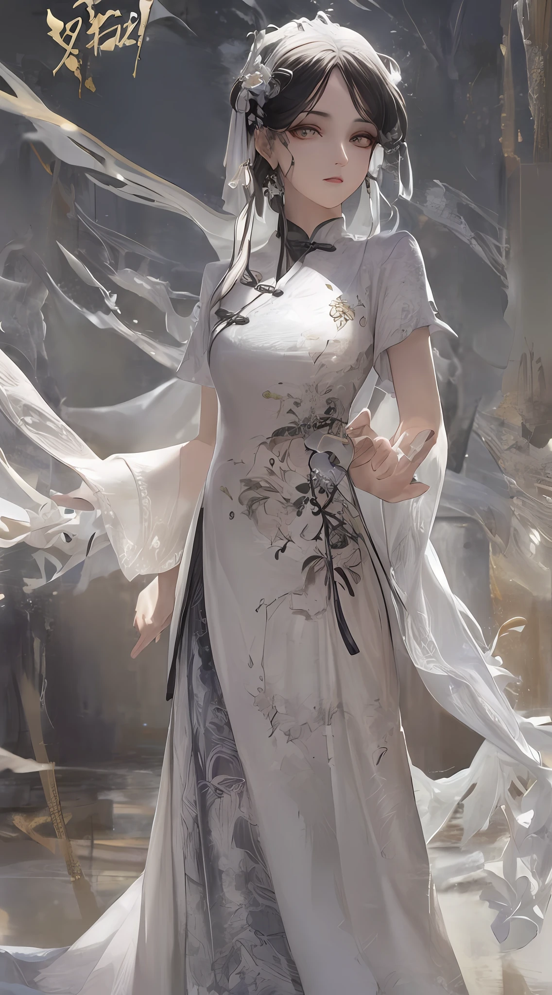 a close up of a woman with a sword in a white dress, a character portrait by Yang J, trending on cgsociety, fantasy art, beautiful character painting, artwork in the style of guweiz, guweiz, white hanfu, flowing white robes, full body wuxia, epic exquisite character art, stunning character art, beautiful female assassin