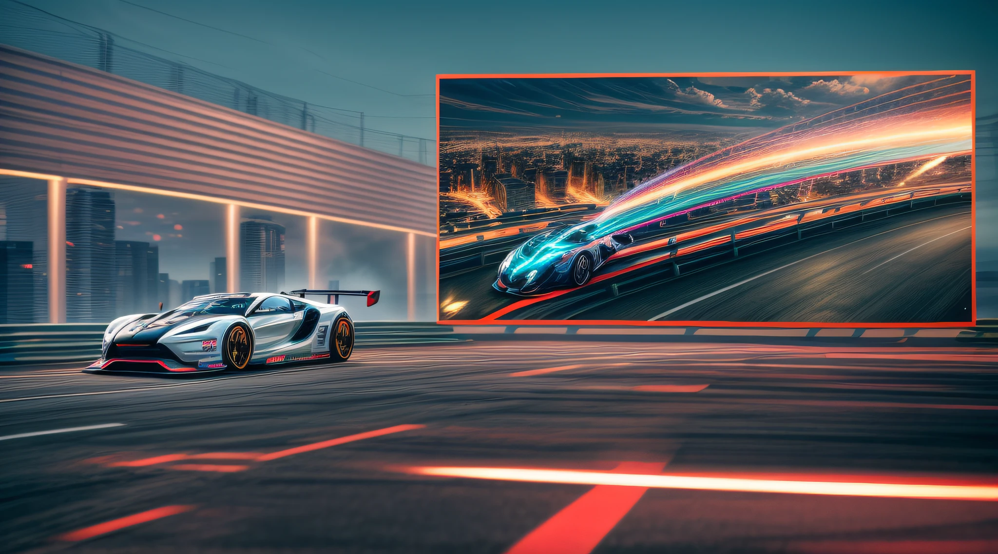In the heart of a bustling metropolis, a cutting-edge concept car glides through the streets, partaking in an intense car racing competition. The levitating vehicle features a striking design, with smooth curves and streamlined contours. Its magnetic propulsion system generates an ethereal glow, illuminating the surrounding urban environment. The atmosphere is charged with excitement as spectators cheer and colorful banners flutter in the wind. The scene is depicted in a realistic photograph with a professional-grade DSLR camera equipped with a telephoto lens, capturing the thrilling action from a distance