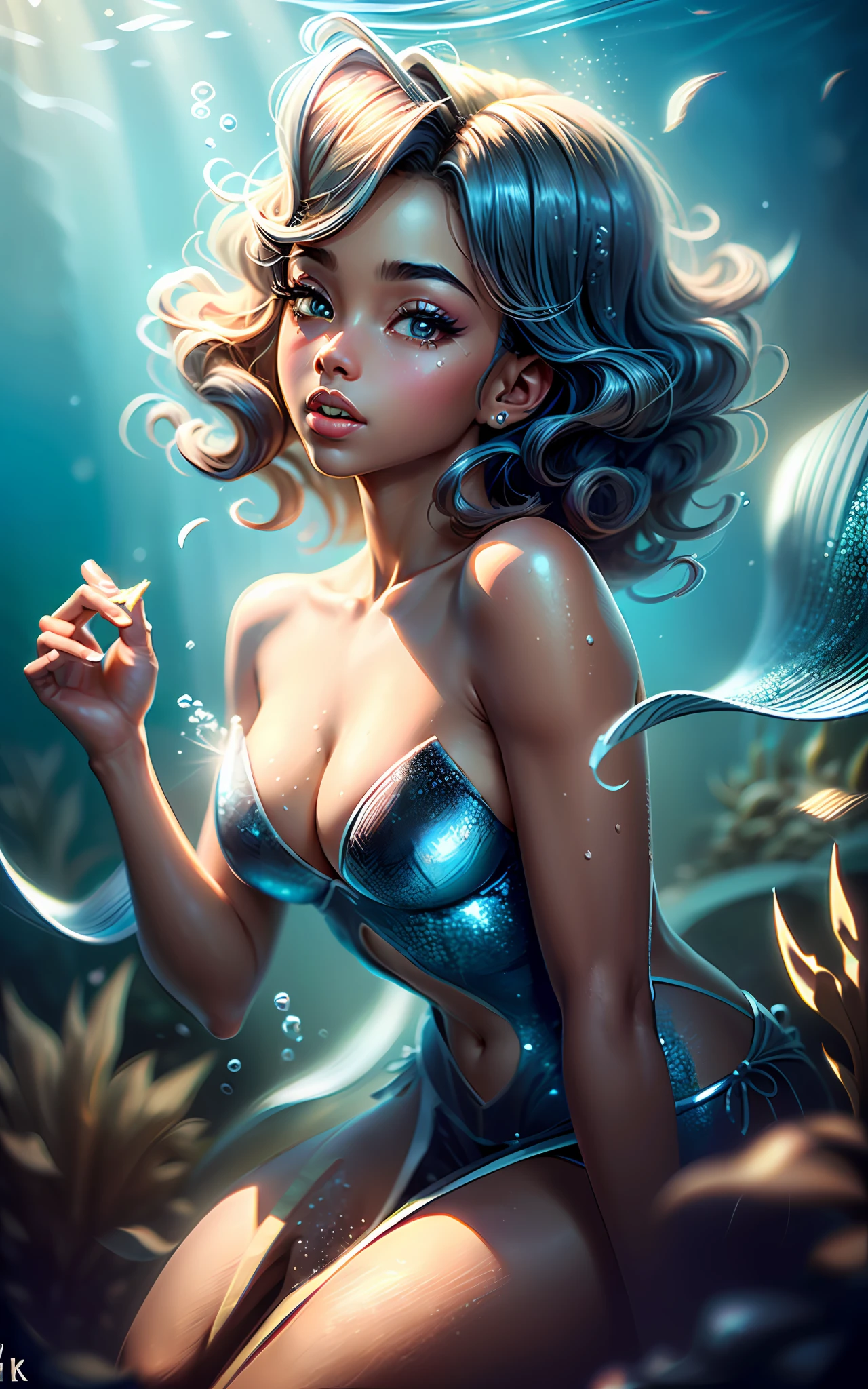 (award winning 64k concept art:1.2) of (black young woman:1.2), underwater, sweet, holding her breath, front, epic, god rays, centered, upper body, (masterpiece:1.2), (best quality:1.3), Amazing, highly detailed, beautiful, finely detailed, warm soft color grading, (Depth of field:1.4), extremely detailed 64k, fine art, stunning, iridescent, (shiny:1.4), (light reflections:1.3), (crisp:1.6), silver short curls, spring, vibrant, sunlit, (edge detection:1.4), absurdres, impressive, 120mm, glittering, extremely clear, lens flare, motion lines