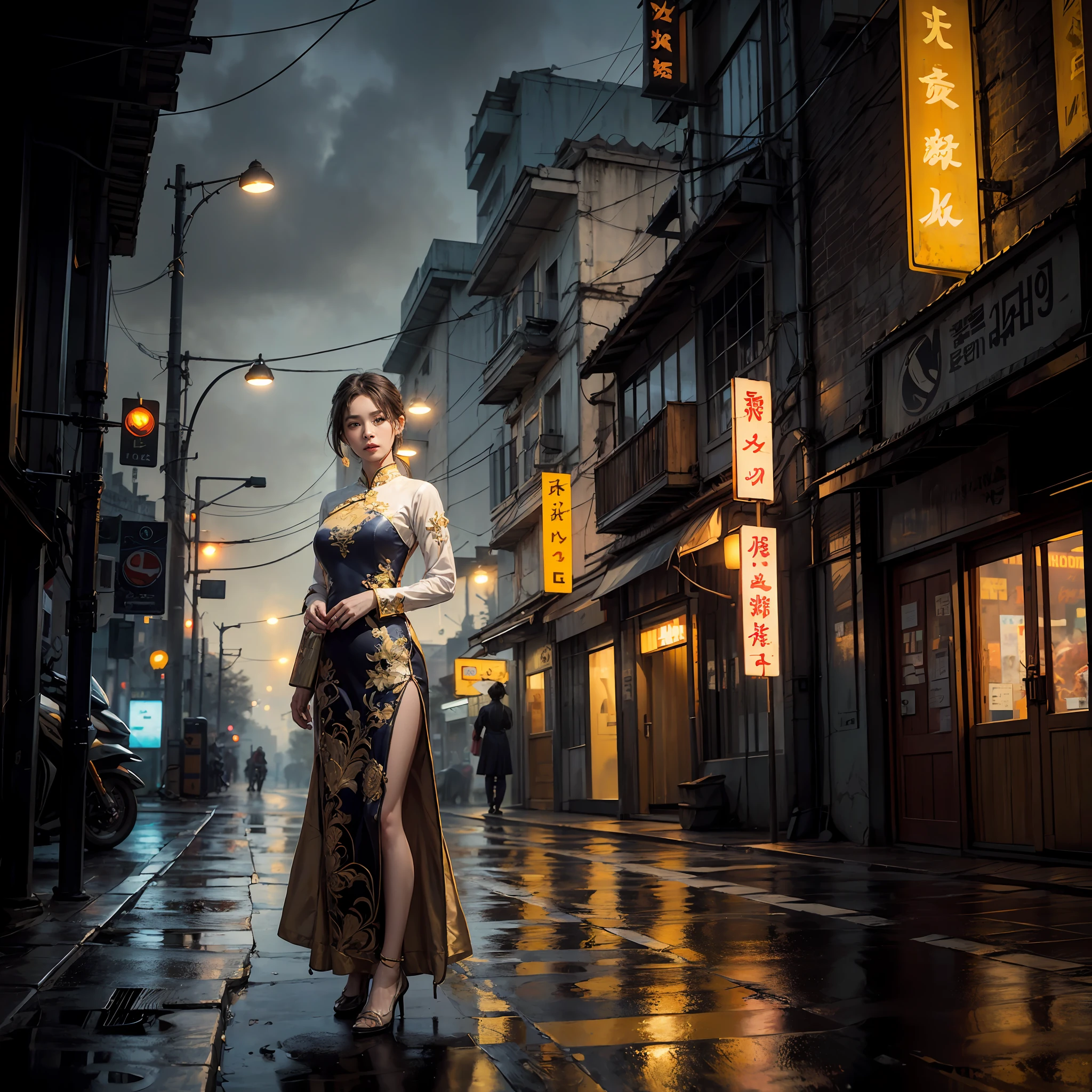 Ao Dai the a traditional dress of Vietnam, street, cyberpunk, epic realistic, photo, faded, complex stuff around, intricate background, soaking wet, yellow colors, ((((hdr)))), ((((muted colors)))), intricate scene, artstation, intricate details, vignette
