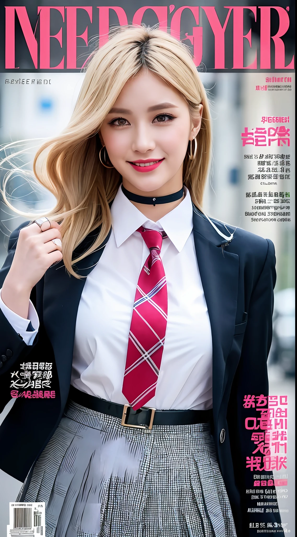 masterpiece, best quality, full body, 1girl, bangs, black choker, black necktie, blonde hair, blue skirt, blush, bracelet, breasts, choker, clothes around waist, collarbone, collared shirt, cowboy shot, dress shirt, ear piercing, eyebrows visible through hair, gradient hair, grin, gyaru, jewelry, kogal, long hair, looking at viewer, loose necktie, necktie, piercing, plaid, plaid skirt, pleated skirt, red eyes, ring, school uniform, shirt, skirt, smile, solo, white shirt, street, sky, cherry blossoms, petals,illustration, (magazine:1.3), (cover-style:1.3), fashionable, woman, vibrant, outfit, posing, front, colorful, dynamic, background, elements, confident, expression, holding, statement, accessory, majestic, coiled, around, touch, scene, text, cover, bold, attention-grabbing, title, stylish, font, catchy, headline, larger, striking, modern, trendy, focus, fashion,