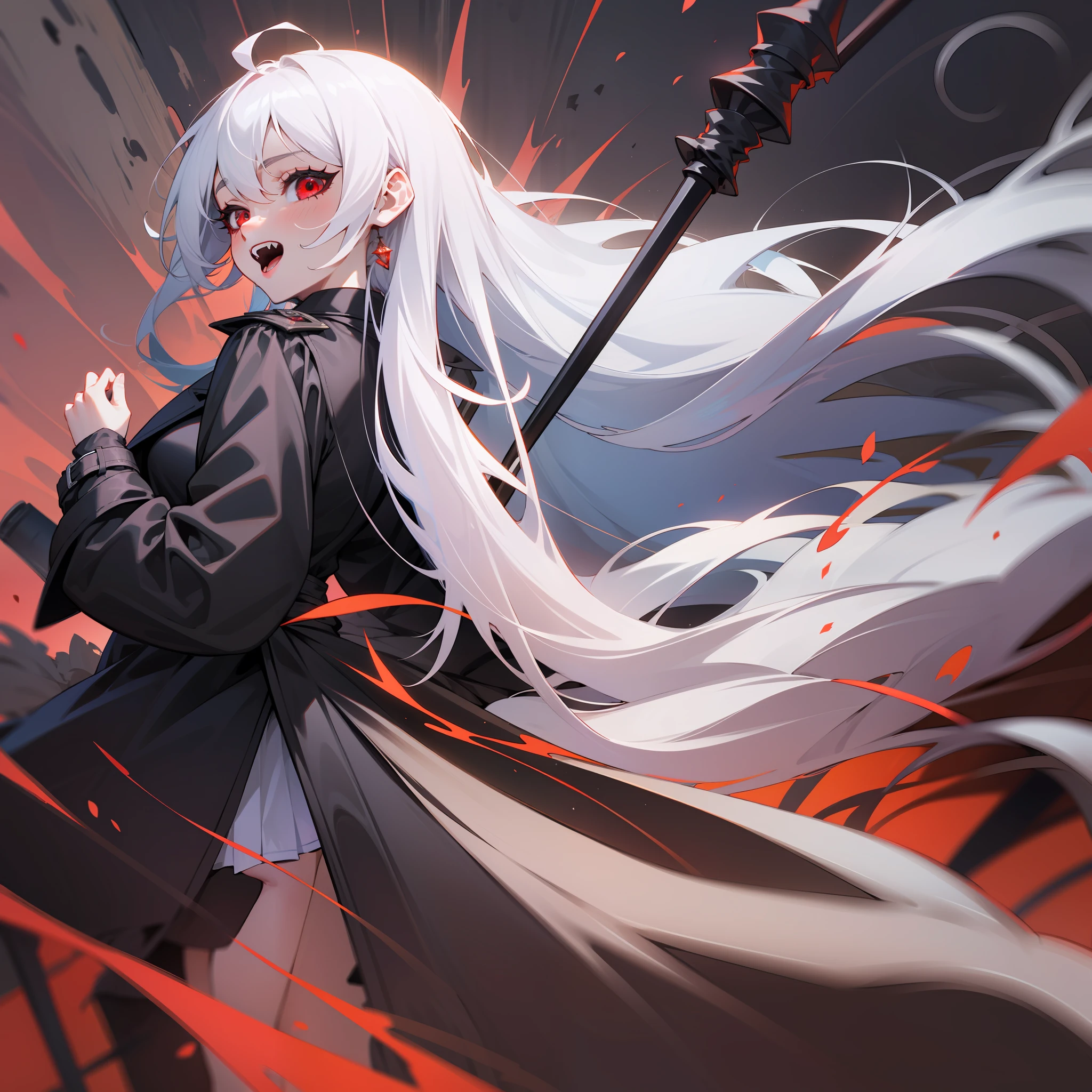 A girl, demon, white hair, long hair, dark red eyes, surrounded by the battlefield, wearing a long black trench coat, wearing a white skirt, hair fluttering in the wind, a trench coat fluttering in the wind, full body portrait, mockery, fangs, carrying a black spear on her back, far shot